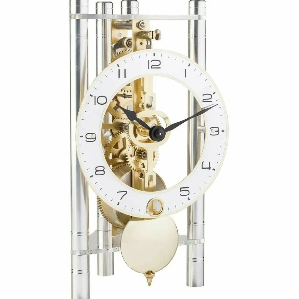 Hermle Zegar stołowy szkieletowy z anodyzowanymi kolumnami aluminiowymi - trójkąt 23024-X40721, arabski cyferblat nadruk, srebrny, mosiądz fabryczny, 19,5 cm x 11 cm x 9 cm