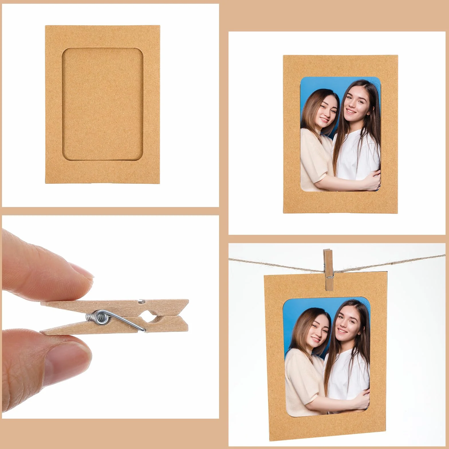 Ouligay 20 sztuk papierowych ramek na zdjęcia 10 x 15 cm, papierowe ramki na zdjęcia, do zawieszenia, z 20 drewnianymi klamerkami i 2 linkami konopnymi, girlanda na zdjęcia na urodziny, wesele