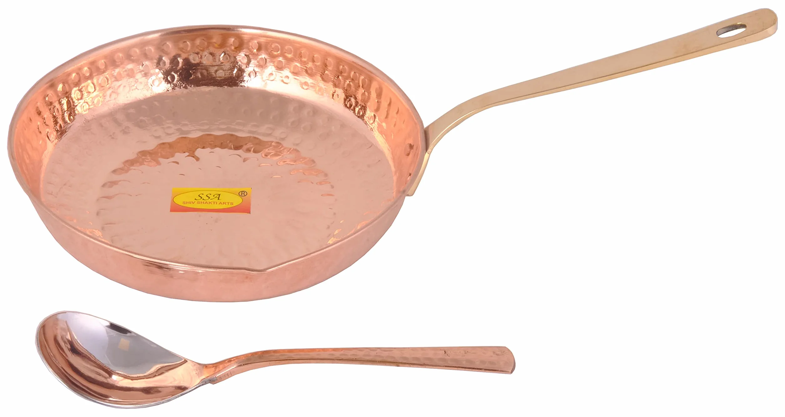 SHIV SHAKTI ARTS Miedziana patelnia Tadka patelnia z łyżką do serwowania, 850 ml, do smażenia, gotowania, serwowania naczyń, domu, hotelu, restauracji, kuchni, Diwali, prezent, 2 sztuki