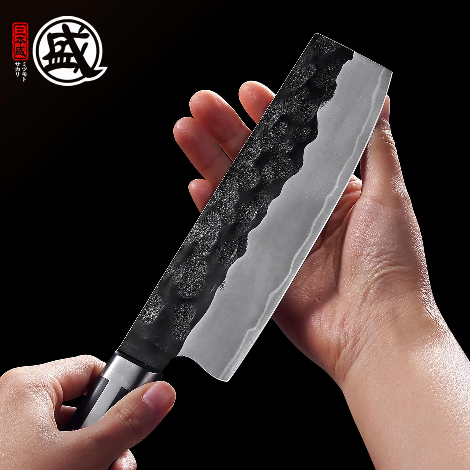 MITSUMOTO SAKARI Nóż Nakiri 17 cm, Nóż Kuchenny ze Stali Proszkowej S301 | Płaskie Ostrze, Czarna Rękojeść z Drewna Pakka, Przeznaczony Specjalnie do Obróbki Warzyw