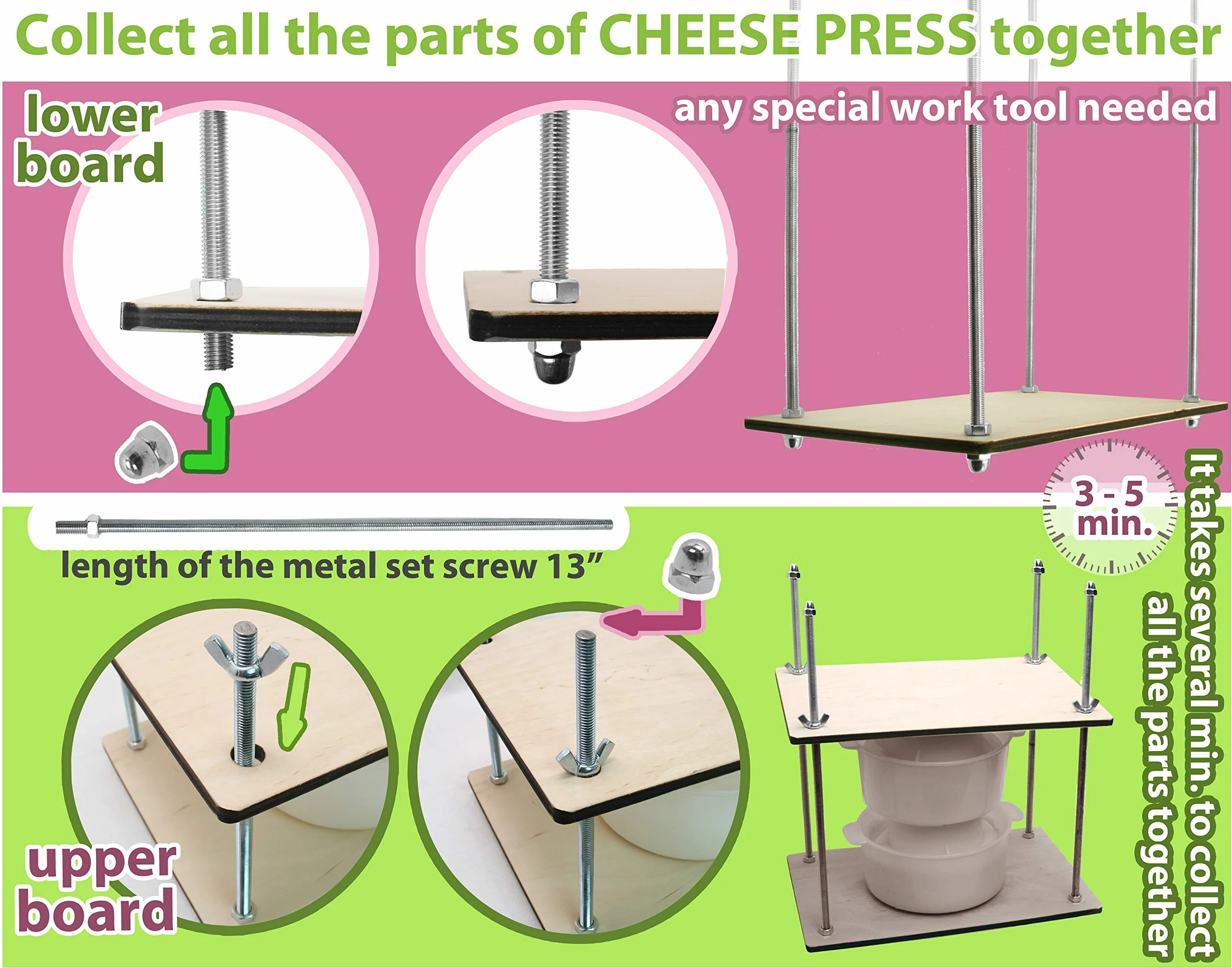 Zestaw do robienia heese 30 cm (metalowe prowadnice 33 cm prasa do sera + 2 formy do robienia serów 1,2 l) ciśnienie do 22,7 kg