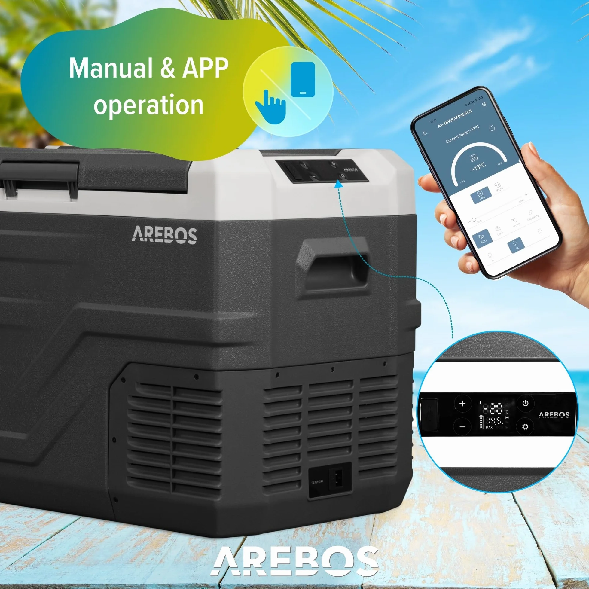 Arebos Lodówka kompresorowa, 35 l | elektryczna zamrażarka z aplikacją i inteligentnym sterowaniem |mobilna lodówka ze złączem USB | do -20 °C | 12/24 V, 230 V | do samochodu, ciężarówki, kempingu