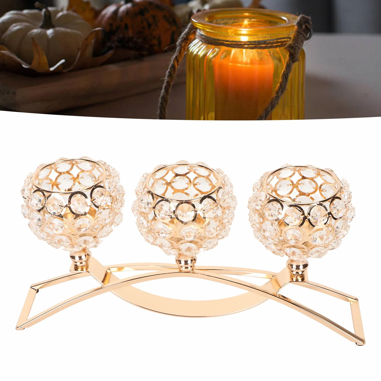 Gold Crystal Candle Holders, 3 Ramiona Kryształowa Miska Tealight Candelabra, Wiatroodporna Konstrukcja, Szeroka Podstawa do Stolika Centralnego Wystroju Domu ślub ślub