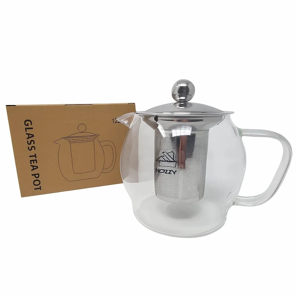 Nozzy Szklany czajniczek z zaparzaczem ze stali nierdzewnej, 1200 ml, borokrzemowy dzbanek do herbaty, przezroczysty, nowoczesny design z sitkiem do herbaty sypkiej, 4-6 filiżanek