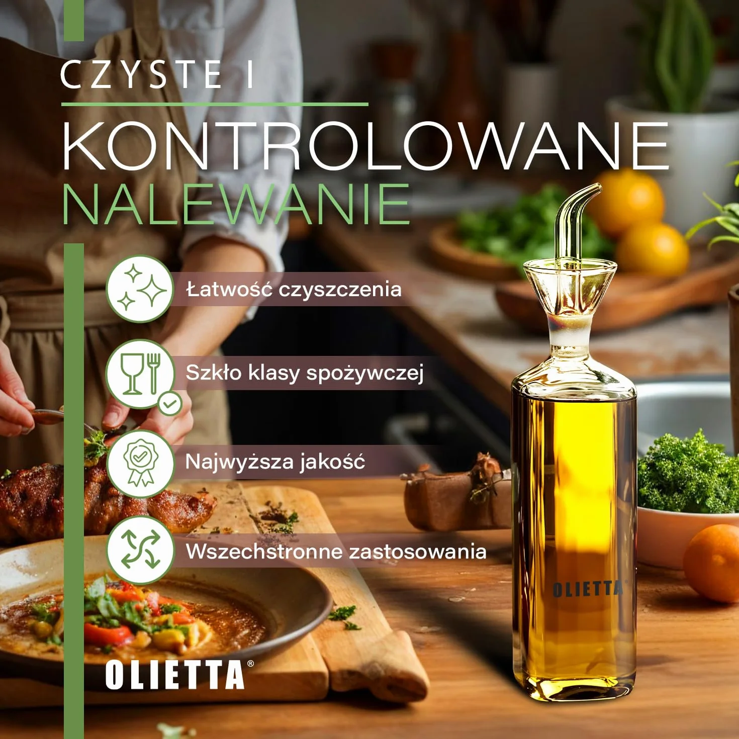 Olietta Szklany dozownik oliwy borokrzemianowy, 500 ml – niekapiący, szczelny nalewak do oliwy i octu, łatwy w czyszczeniu, niekapiąca butelka do kuchni