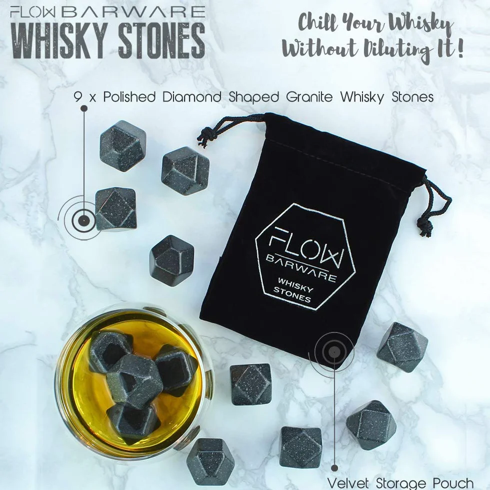 FLOW Barware Kostki do whisky | Polerowane kostki do whisky w kształcie diamentu | Zestaw 9 kostek do whisky w prezencie dla mężczyzn, taty, na Dzień Ojca | Zachowaj chłodne i nierozcieńczone rum i