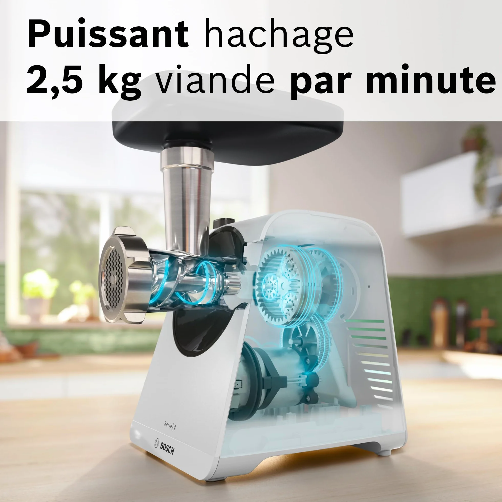 Bosch Maszynka do mielenia MultiPower Serie 4 MFWS420W, 1900 W, funkcja Revers, metalowa komora, Biały/Czarny