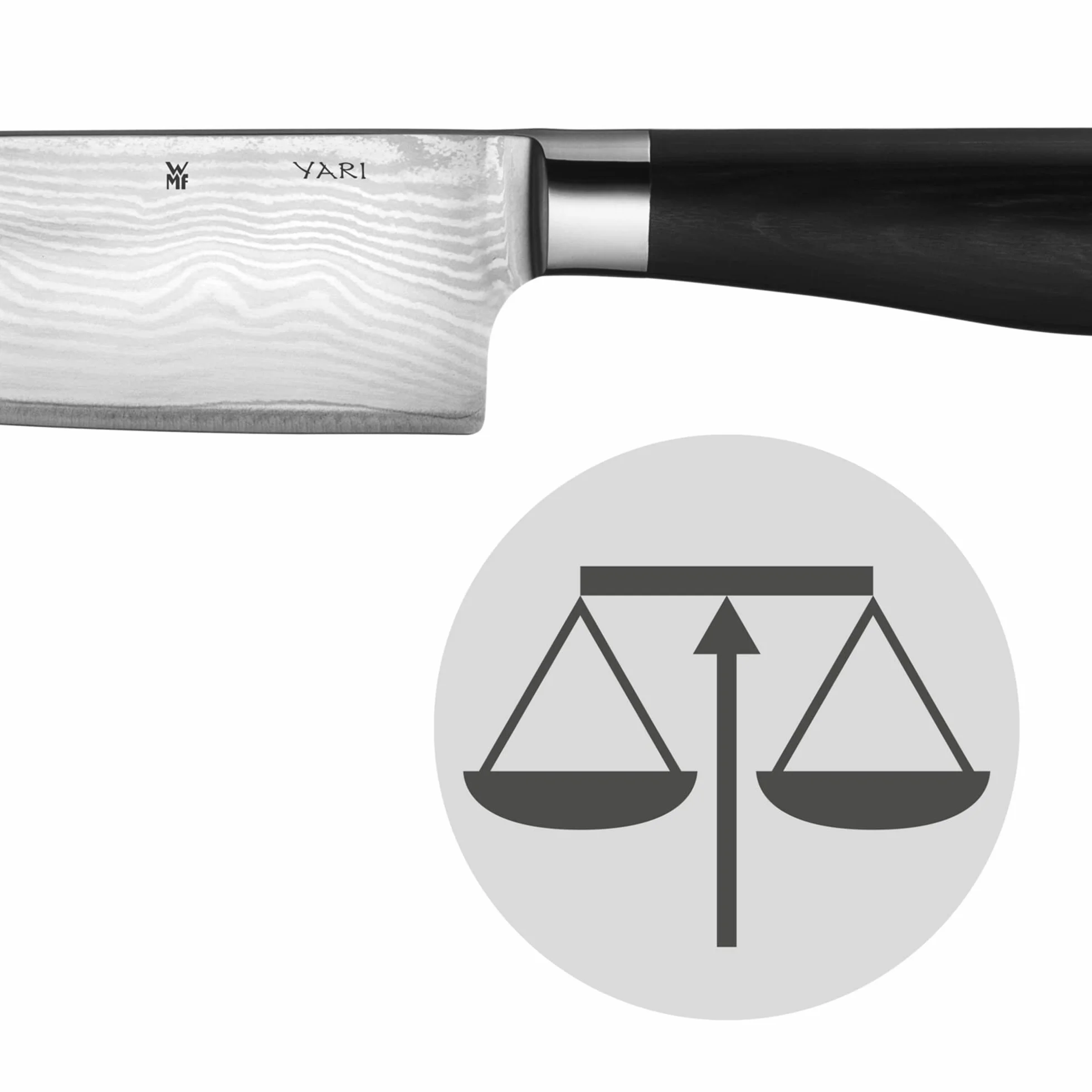 WMF Yari Santoku nóż 31 cm, specjalna japońska stal ostrza, 67 warstw rękojeści z drewna Pakka, ostrze damasceńskie 16,5 cm