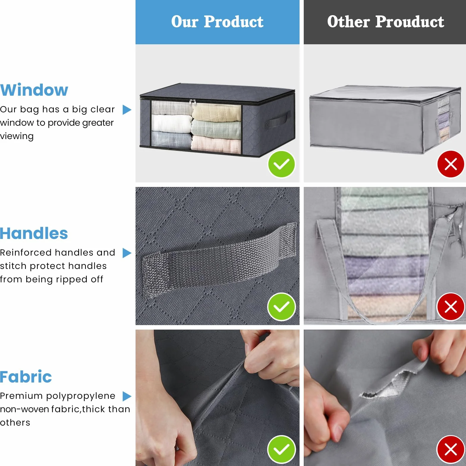 HomeHacks 6-pak organizer na ubrania, składane pudełko do przechowywania, z dużym, przezroczystym oknem, solidne uchwyty do szafy, akademika, poduszek, pościeli, ubrań, wypchanych zabawek, koców, szary