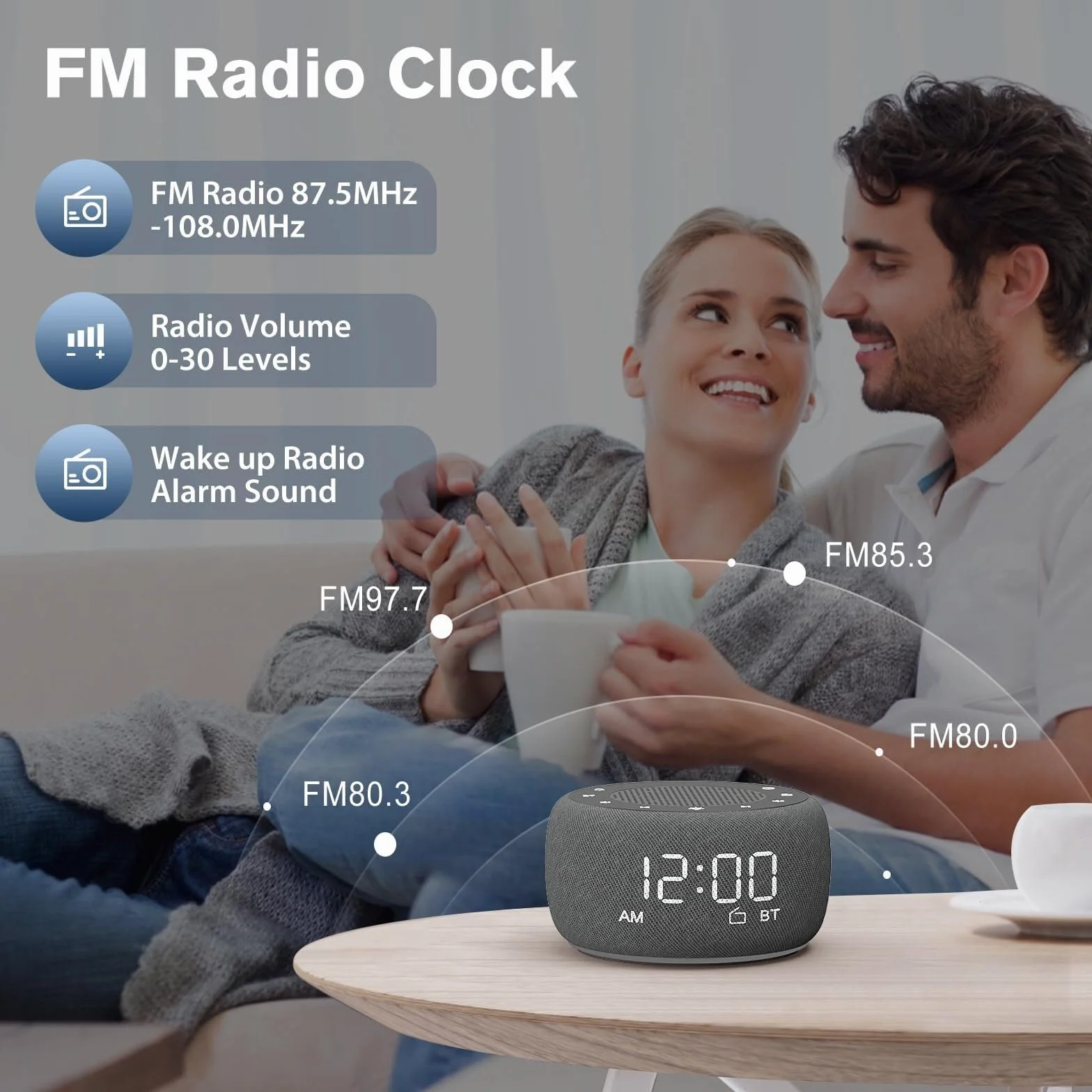 XJBTBA Bluetooth Gload Alarm z radiem, przezroczystą jakość dźwięku, przyciemnione wyświetlacz, odpowiedni sypialni budziki odpowiednie do kuchni, salonu lub biura (biały)