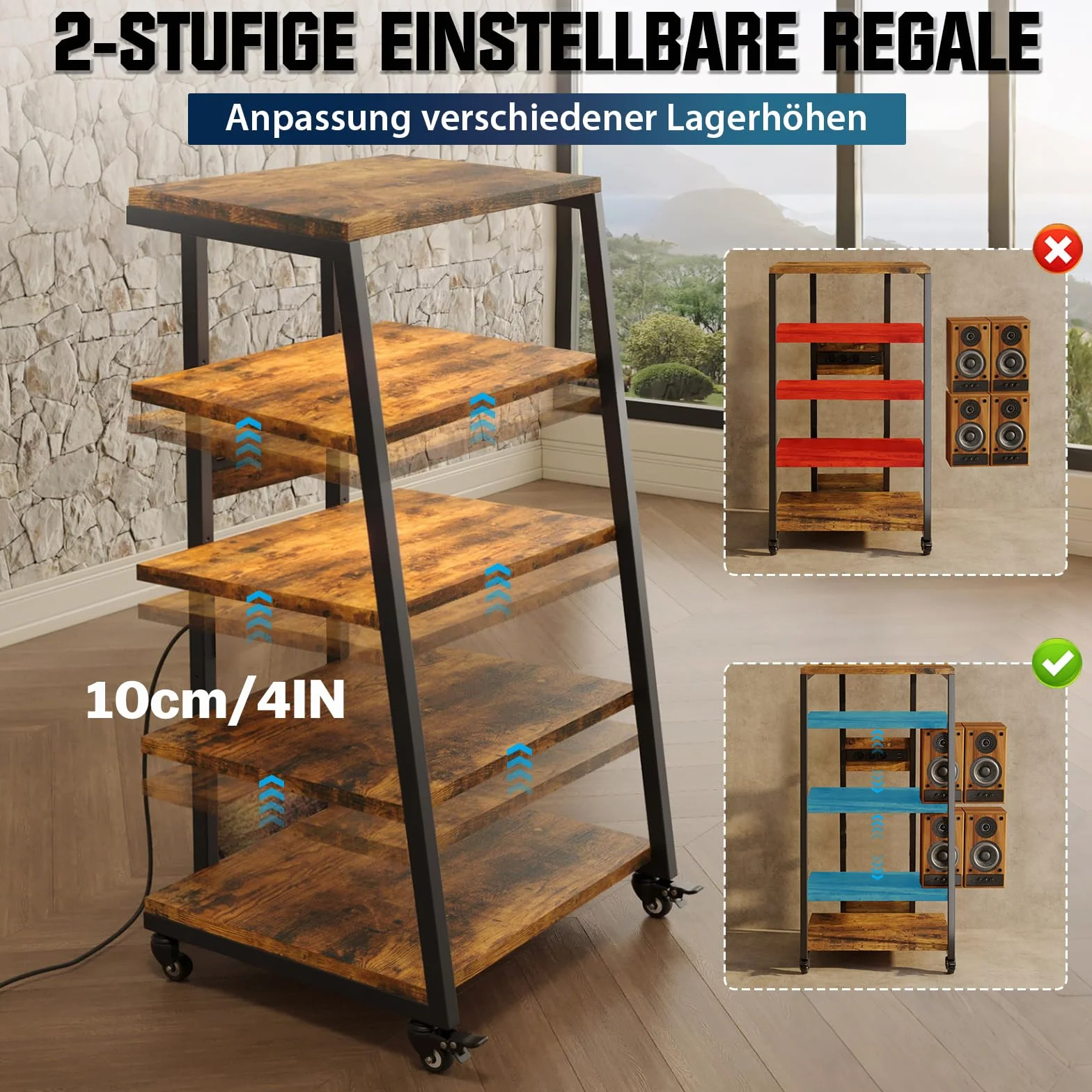 5-stopniowy stojak HiFi z kółkami, stół gramofonowy z listwami zasilającymi, diodami LED, regulowana półka, drewniany stojak na media, regał HiFi do systemu audio, system stereo, 60 x 52 x