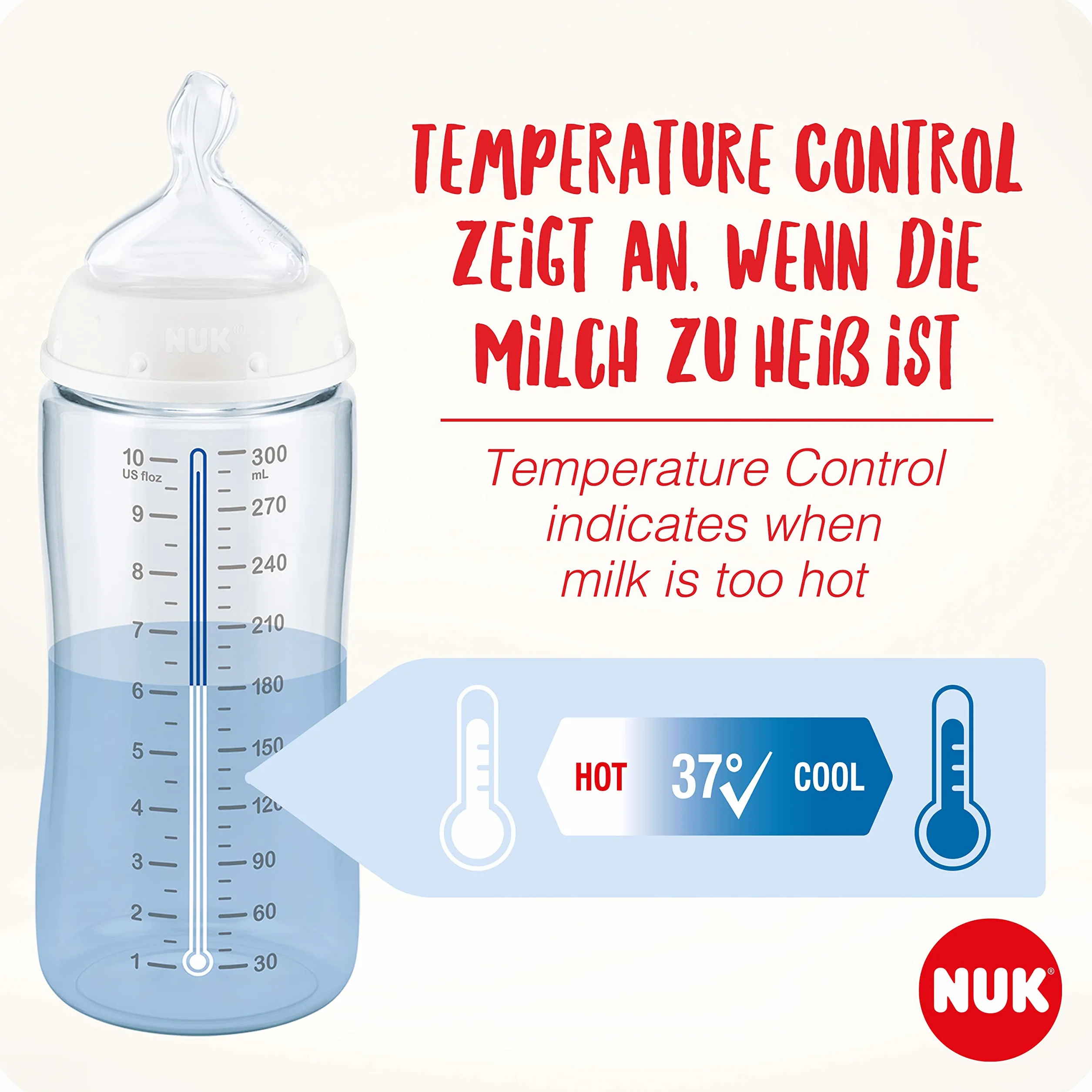NUK First Choice + Butelka dla niemowląt | 0–6 miesięcy | Wskaźnik kontroli temperatury | Otwór antykolkowy Anti Colic | 300 ml | Produkt nie zawiera BPA | Smoczek silikonowy | krokodyl | 3 elem