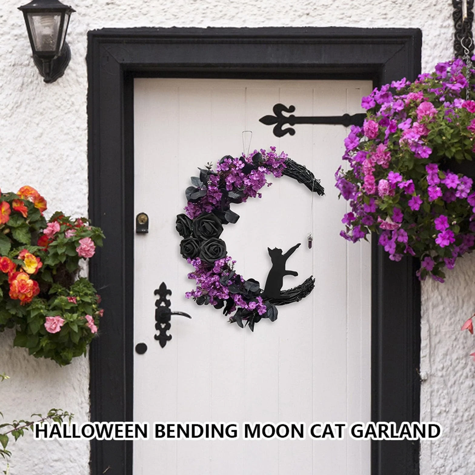 Wieniec Halloween, księżyc, kot, trwały wieniec na Halloween, girlanda, prezent, Halloween, wieniec na drzwi, uniwersalny, do wnętrz, na zewnątrz, dekoracja domu, C, bez światła, 30 cm