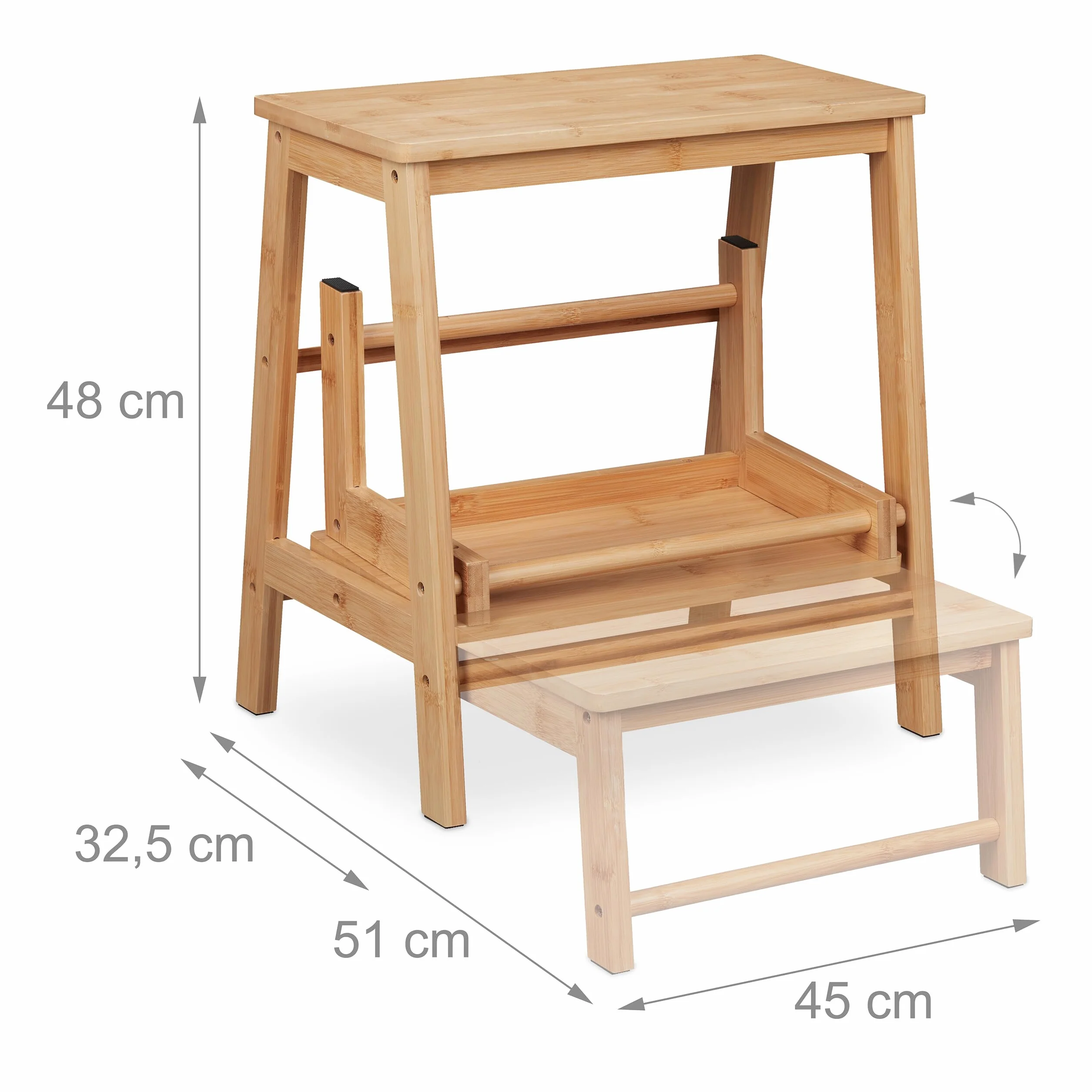 Relaxdays Stołek składany, 2 stopnie, do 100 kg, dla dzieci, gospodarstwo domowe, wys. x szer. x gł.: 48 x 45 x 51 cm, bambusowy taboret składany, naturalny