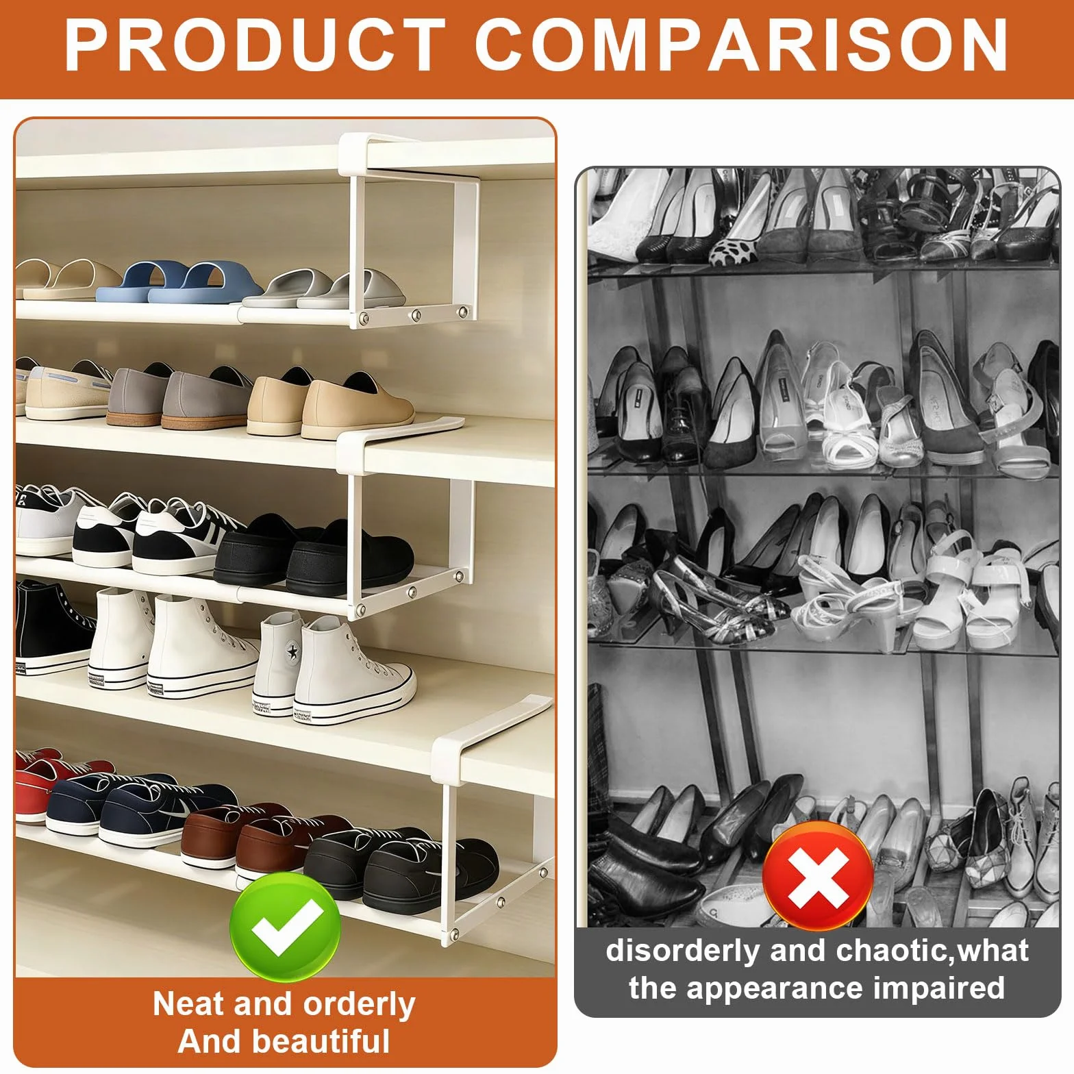 Wiszący regał na buty, organizer w szafie, regulowany 40-70 cm, podwyższony regał pod szafkę, wiszący regał pod biurko, do szafek kuchennych, szafek na buty, szafek na ubrania (biały)