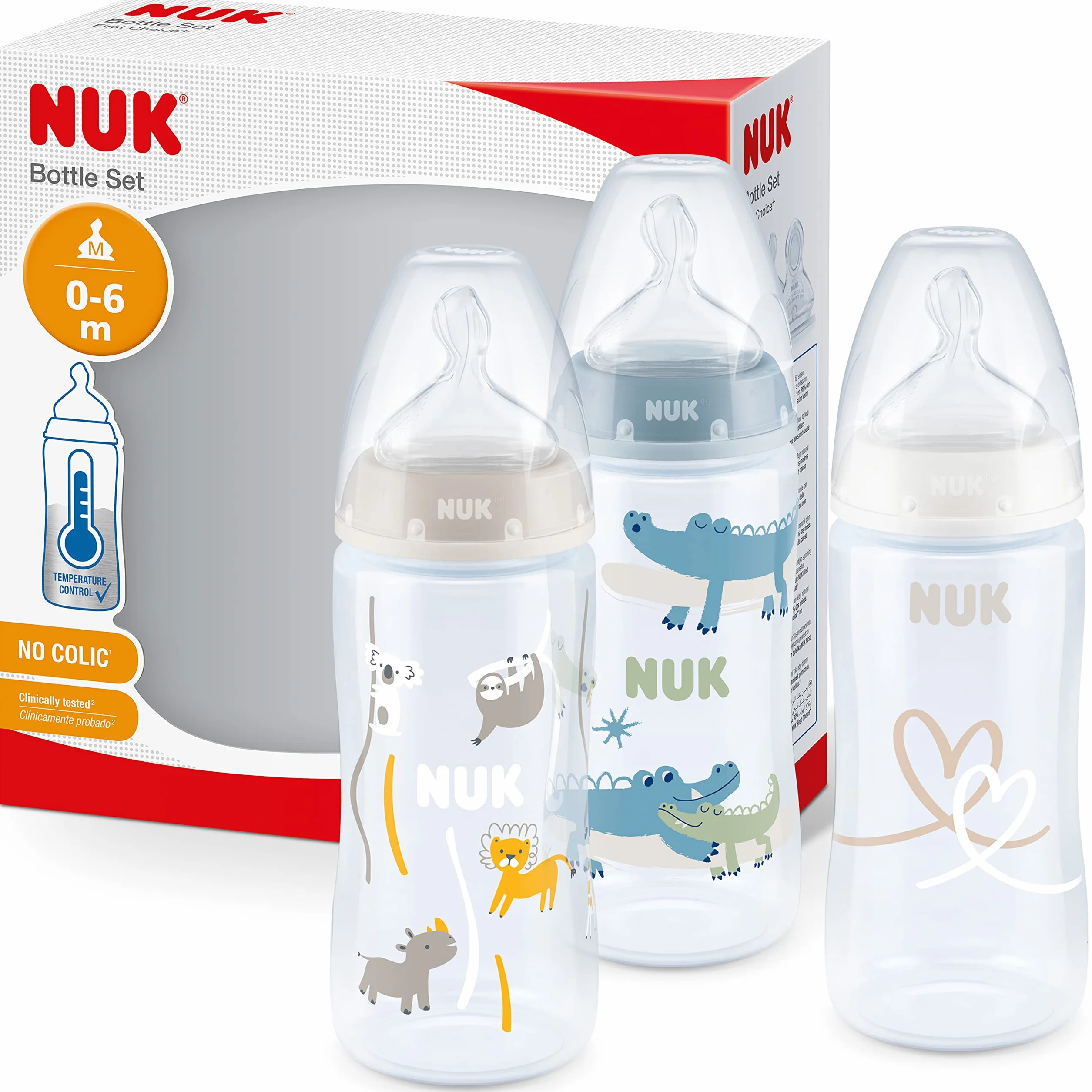 NUK First Choice + Butelka dla niemowląt | 0–6 miesięcy | Wskaźnik kontroli temperatury | Otwór antykolkowy Anti Colic | 300 ml | Produkt nie zawiera BPA | Smoczek silikonowy | krokodyl | 3 elem