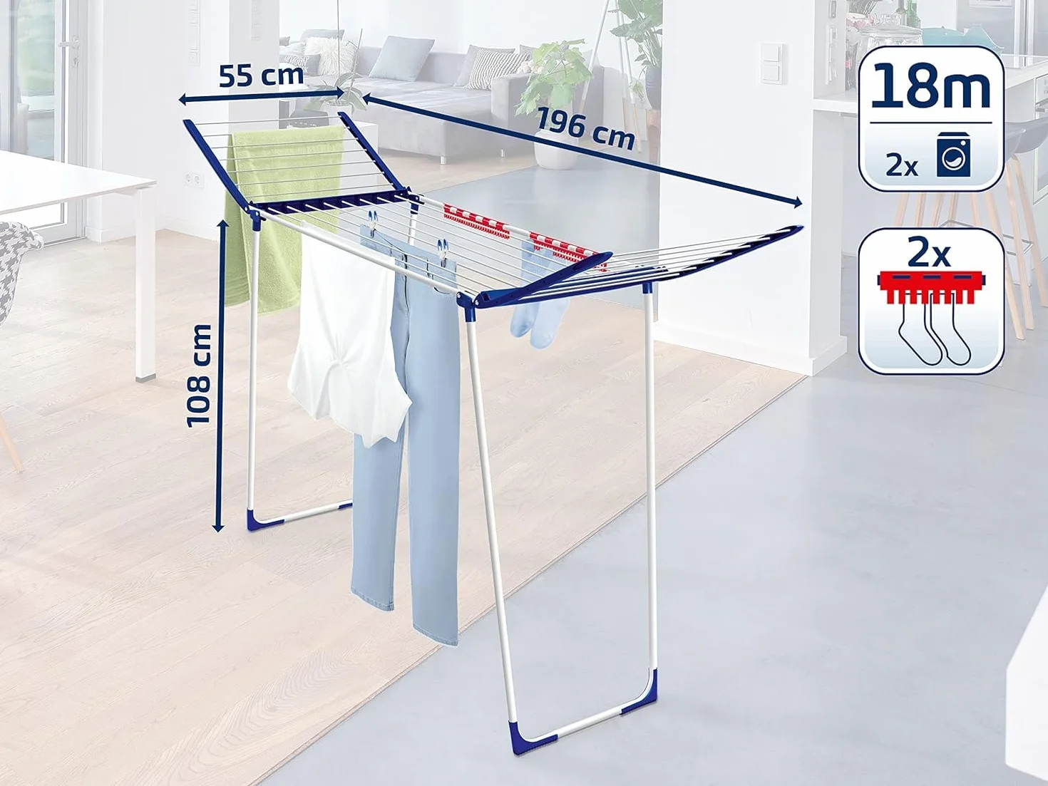Leifheit Pegasus 180 Solid Maxx Suszarka Stojąca, Wielokolorowy, 120 x 56 x 28.5 cm