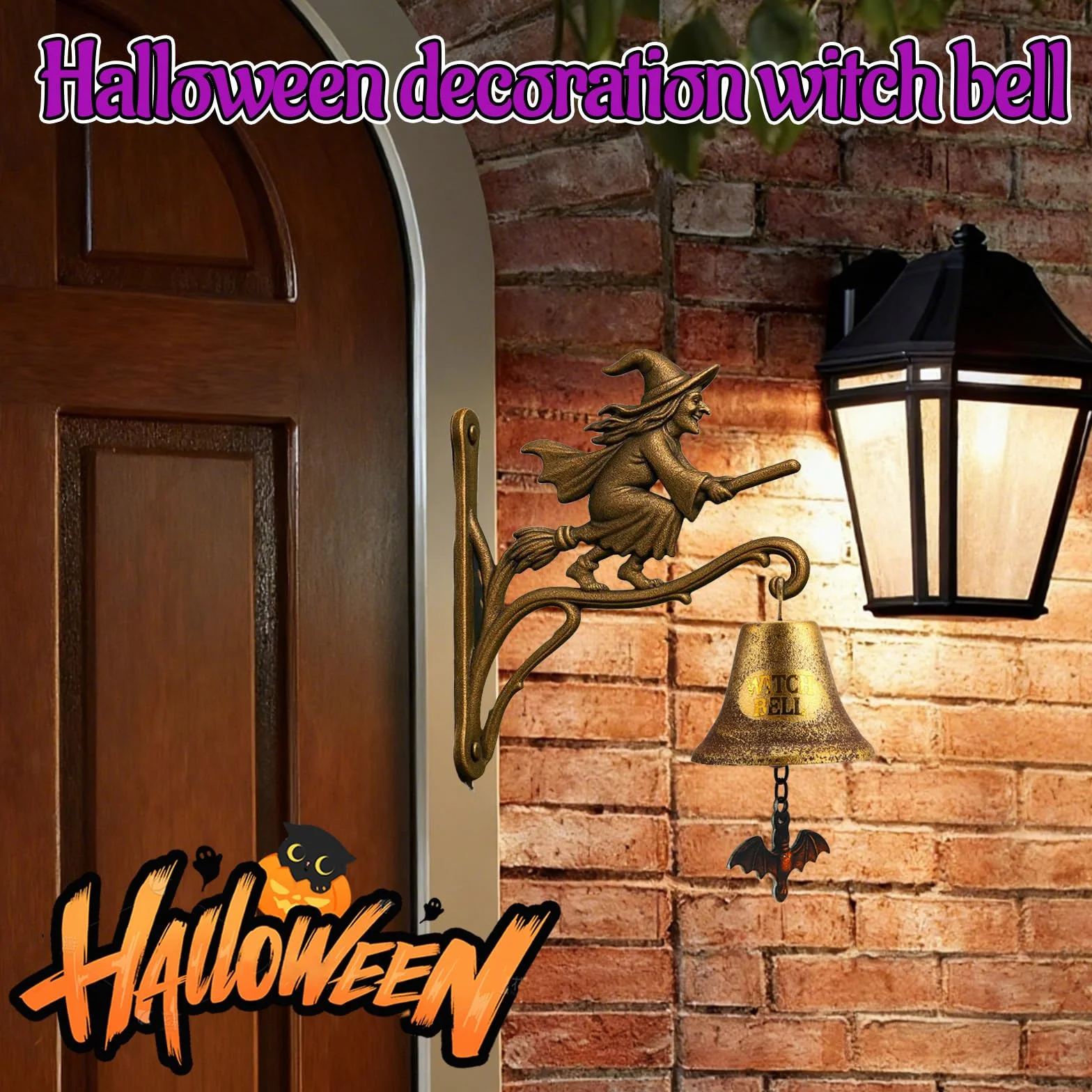 Dzwonek do drzwi na Halloween, w stylu vintage, dzwonek czarownicy, do zawieszenia, montaż ścienny, dzwonek czarownicy, z miotłą, dekoracyjny, gotycki dzwonek ogrodowy na werandę, do ogrodu, drzwi