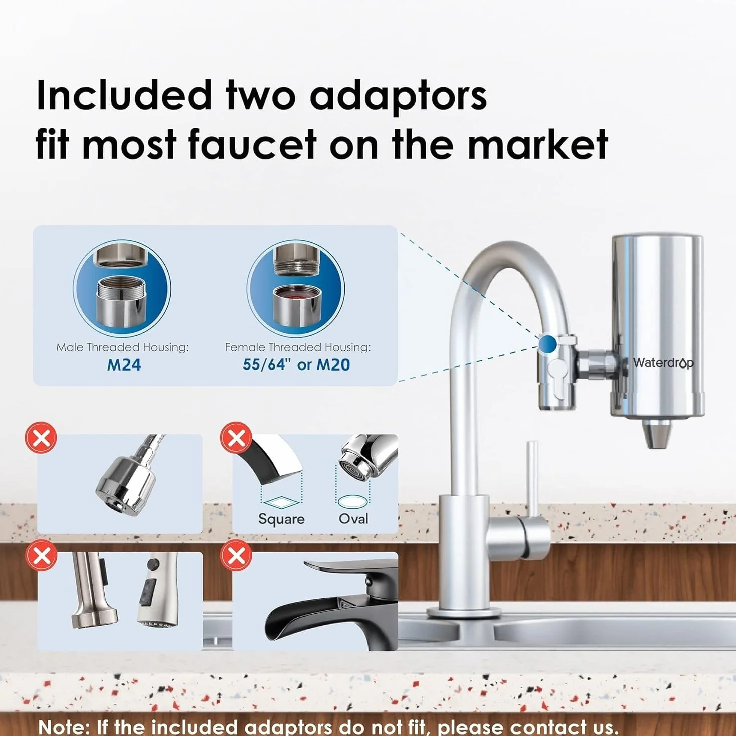 Waterdrop WD-FC-06 Filtr Wody do Kranu ze Stali Nierdzewnej, System Filtrowania Wody z Blokami Węglowymi, Filtr Wody z Kranem, Redukuje Chlor, Zapach i Nieprzyjemny Smak (w Zestawie 1 Filtr)