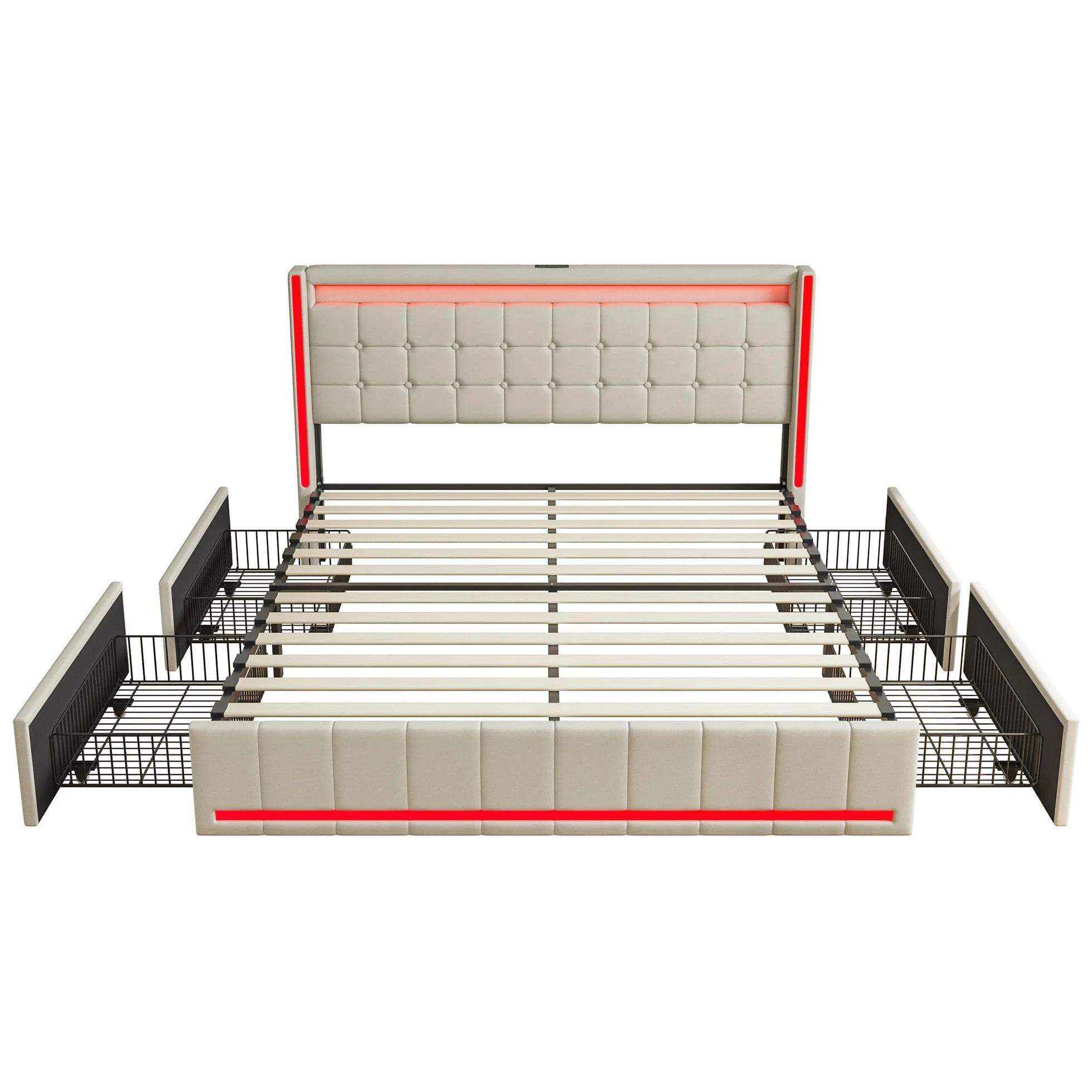 BRILVERDE Łóżko tapicerowane, podwójne 140 x 190 cm z miejscem do przechowywania, łóżko z 4 szufladami, zagłówek LED, z funkcją ładowania USB, lniane (beżowe, 140 x 190 cm)