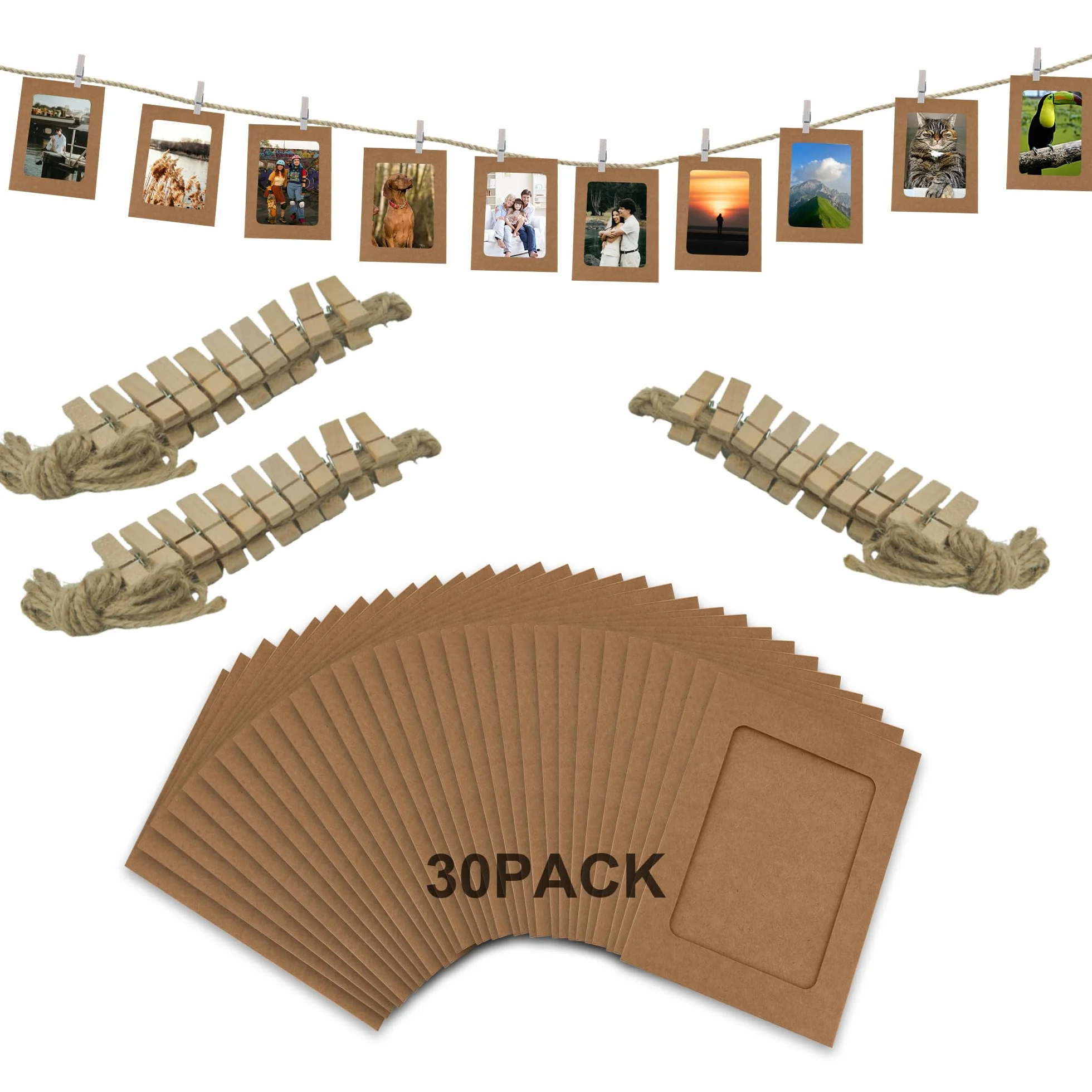 30 sztuk brązowych papierowych ramek na zdjęcia o wymiarach 10 x 15 cm z wiszącym sznurkiem i kołkami do banerów fotograficznych, ekspozycji i dekoracji wydarzeń