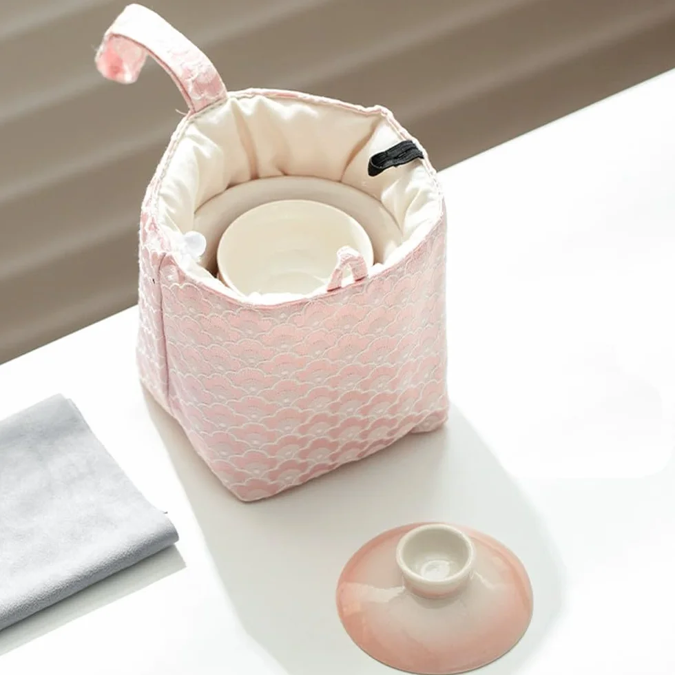 Przenośny ceramiczny zestaw do herbaty ze szklanym dzbankiem do serwowania – kompaktowy podróżny zestaw do herbaty z woreczkiem z tkaniny na prezent i do użytku osobistego, różowy