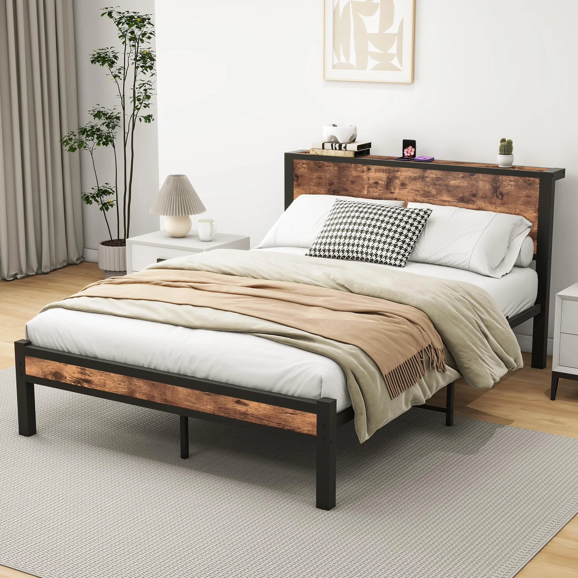 HOMERECOMMEND Rama łóżka 140 x 200, łóżko podwójne 140 x 200 cm, stelaż z metalu, łóżko dla gości do małych pomieszczeń, kolor czarny i brązowy