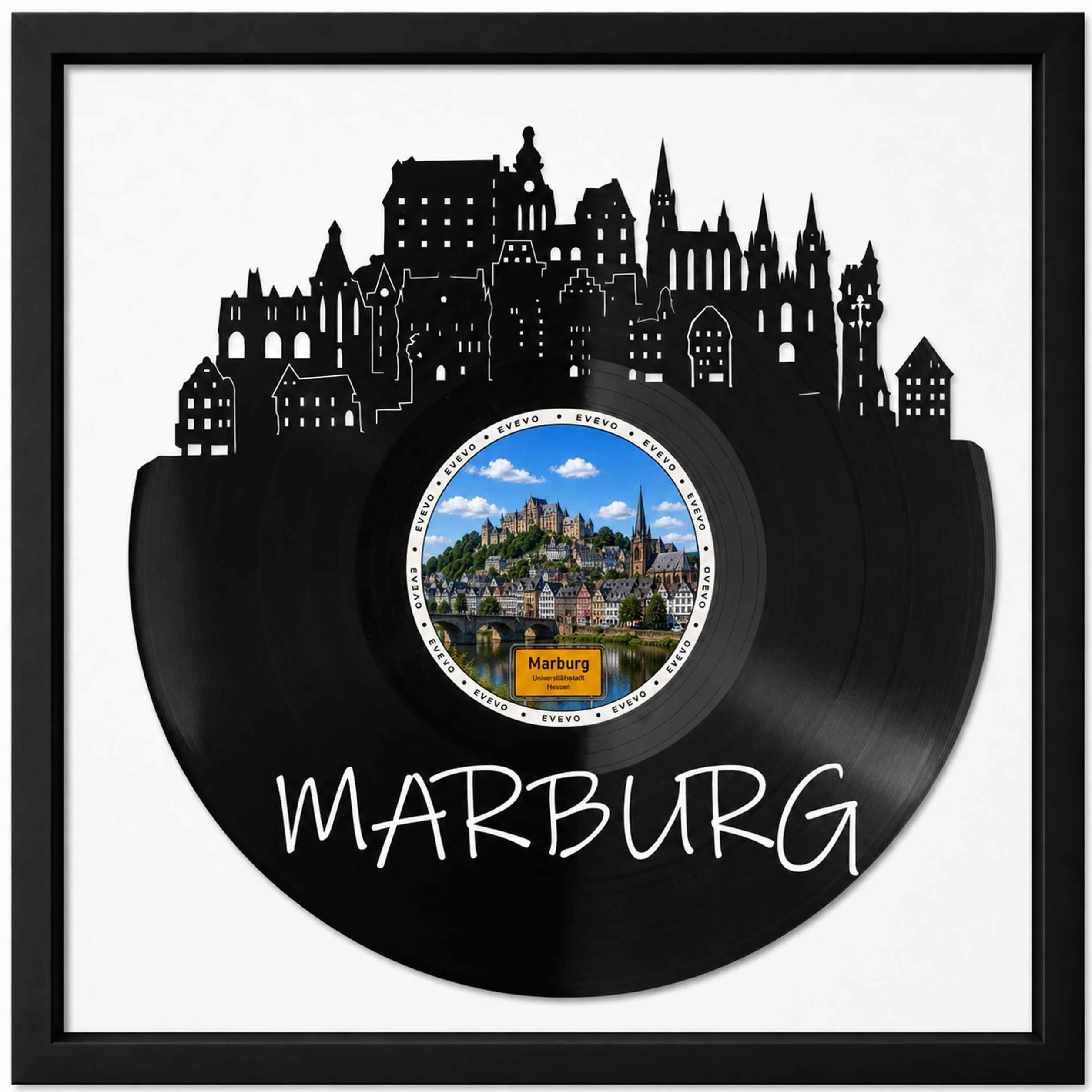 EVEVO Dekoracja ścienna z płyty gramofonowej w ramie 32 x 32 cm Marburg - winylowa sztuka ścienna, miasto uniwersyteckie, prezent dla fanów Marburga, studentów