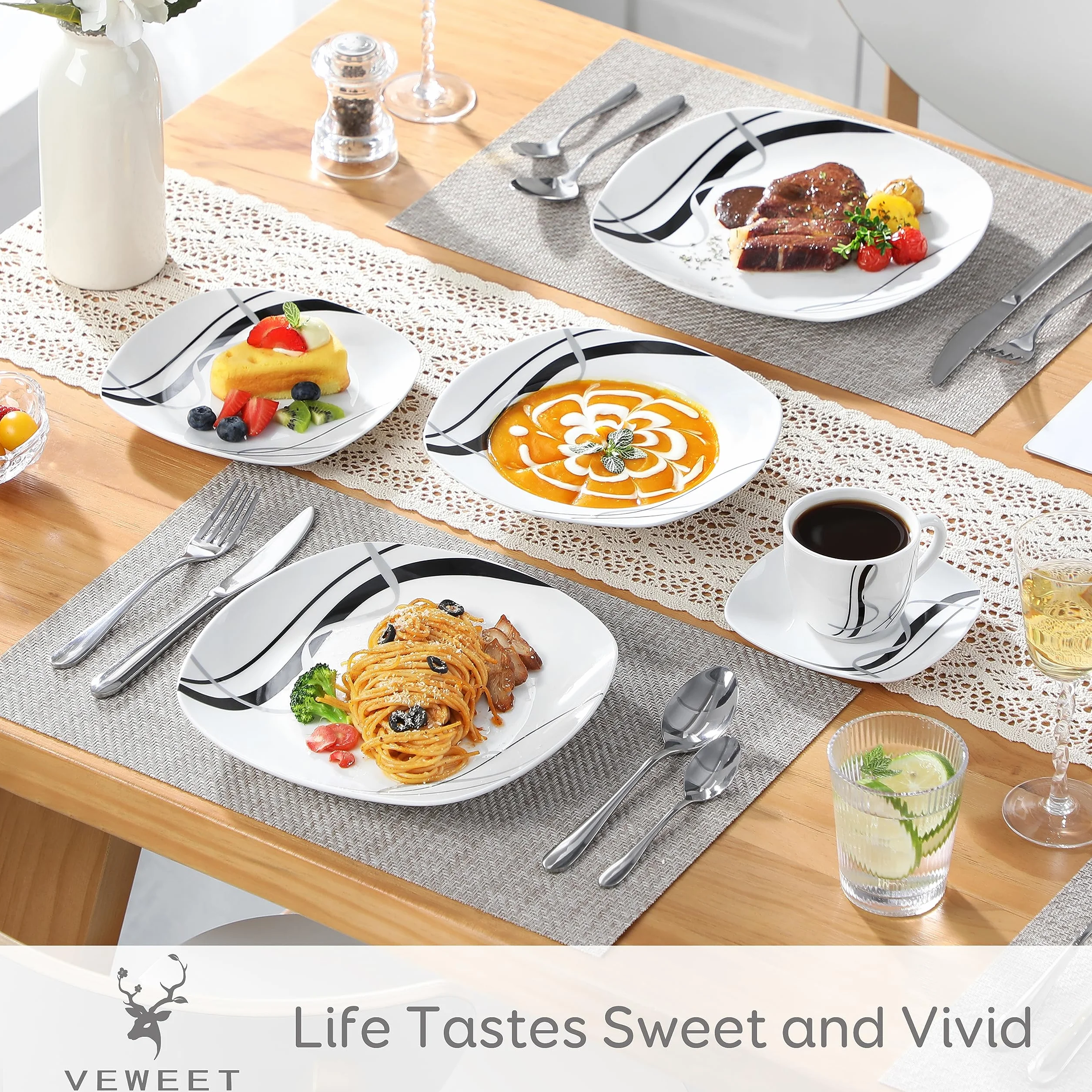 VEWEET „Fiona” 60-częściowy porcelanowy serwis stołowy kombi, filiżanki do kawy o pojemności 175 ml, spodki, talerze deserowe, talerze obiadowe i talerze do zupy, pełny serwis dla 12 osób