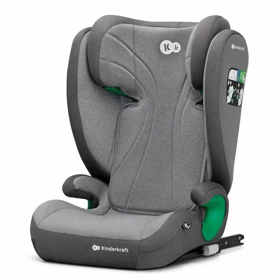 Kinderkraft JUNIOR FIX 2 Fotelik dziecięcy I-SIZE, Podstawka samochodowa, Regulowany zagłówek i oparcie, Wzmocnione boki, Zdejmowana tapicerka, Isofix, Grupa ECE I/II/III 9-36 kg, Szary