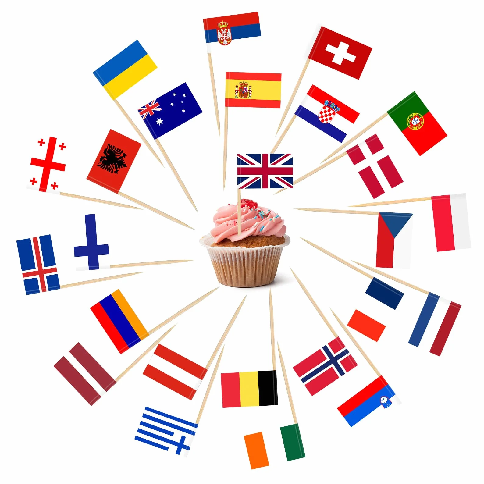 100 sztuk Eurowizji Konkurs Piosenki 2026, wykałaczki, flagi krajów i mistrzostw Europy, dekoracja na babeczki, na imprezę koktajlową, pub