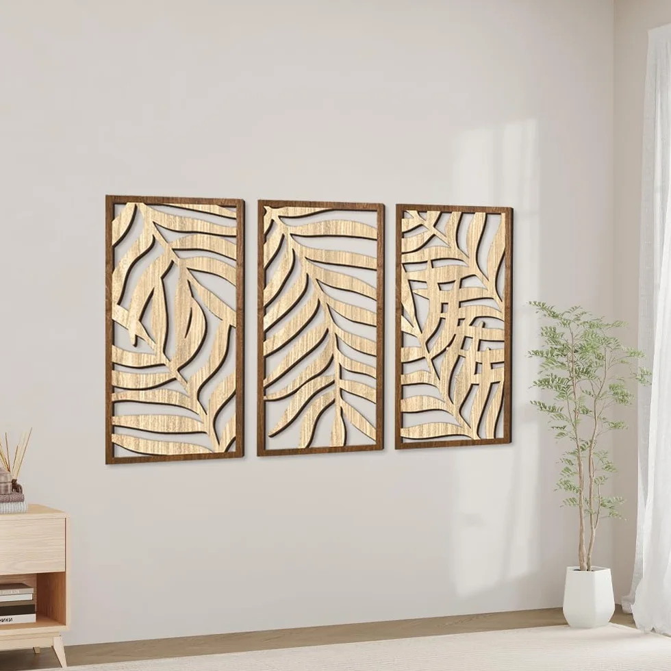 Rongxze Nordycki zestaw drewnianych ścian – 3 panele dekoracyjne ze wzorem liści (40 x 20 cm), dekoracja ścienna, obrazy ścienne, naturalny styl do salonu/sypialni