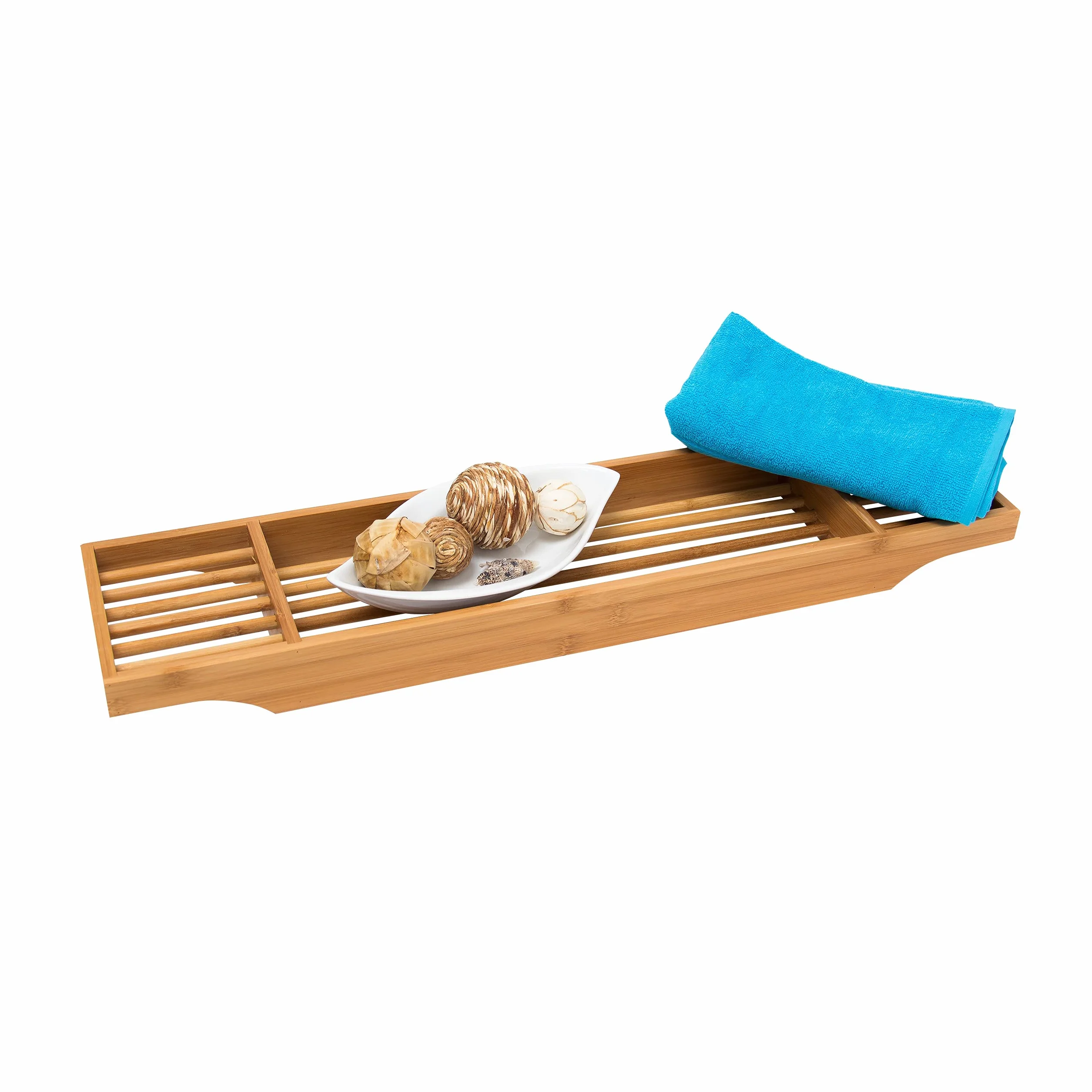 Relaxdays HxlxP bambusowy mostek łazienkowy 5,5 x 70 x 16,5 cm z 3 przegródkami na mydło, świeca lub szkło, naturalny