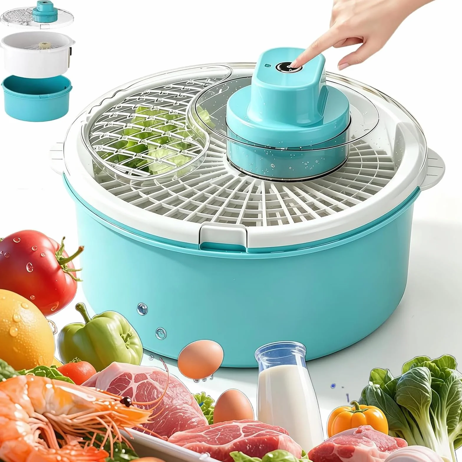 Elektryczny spinner do sałatek i myjka do produktów, bezprzewodowy przyrząd do czyszczenia owoców One-Touch z antypoślizgową podstawą, miska do prania, suszarka do sałaty, warzywny spinner do owoców
