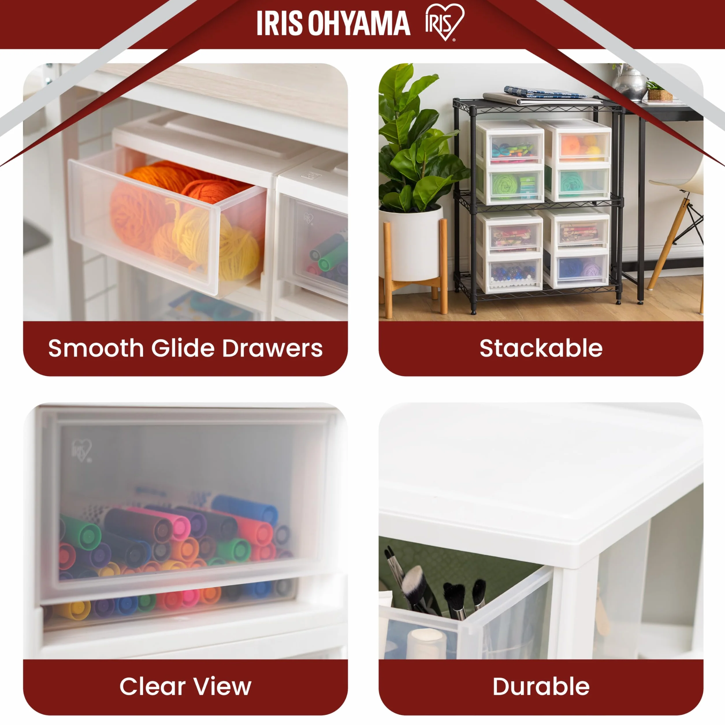 Iris Ohyama, Przezroczysty plastikowy drawer, możliwość układania w stos, biały, 7 l, zestaw 3 sztuk, wielofunkcyjny, widoczna zawartość, do łazienki, zabawek, biura, klatki piersiowej, organizera,