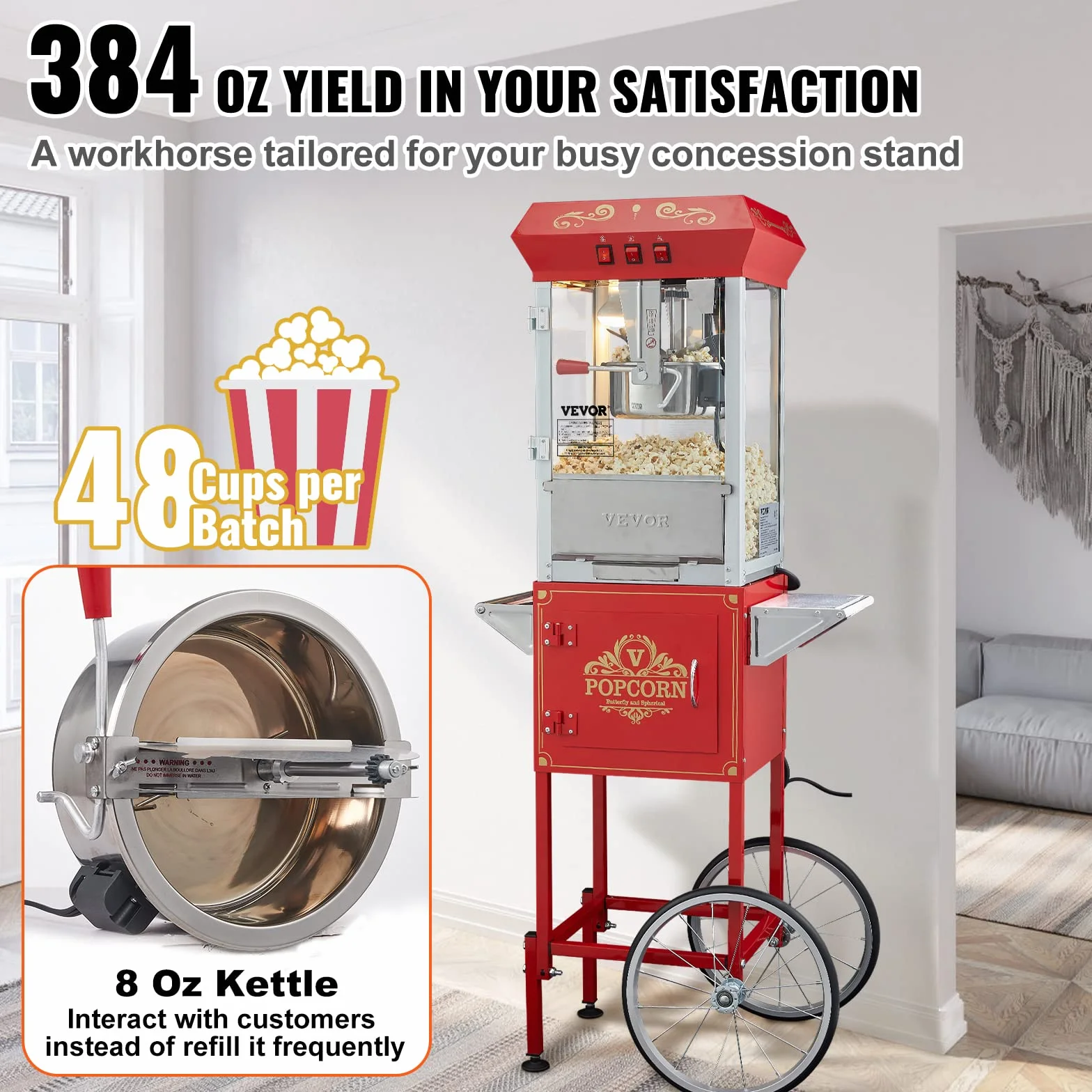 VEVOR Maszyna do popcornu z wózkiem 850 W, czajnik elektryczny do popcornu 0,22 kg na 48 filiżanek partii, maszyna do popcornu ze szkłem hartowanym, zawiera 4 miarki, styl kinowy