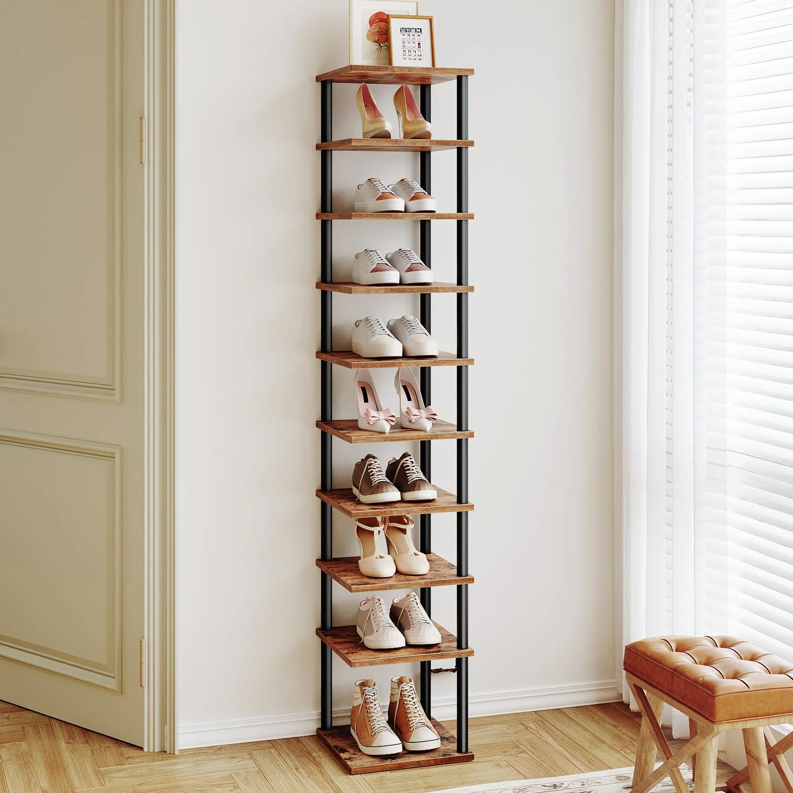HOOBRO Regał na buty, 10-poziomowy narożny regał na buty, wąska półka na buty, szafka na buty, stojak na buty, przedpokój, sypialnia, ciemnobrązowo-czarny EBF32XJ01