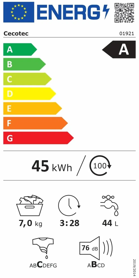 Cecotec Pralka ładowana od przodu 7 kg Bolero Dresscode 7610 Inverter A. Ładowanie przednie białe 7 kg pojemności, 1400 obr./min, klasa A, funkcja parowa, silnik inwerterowy Plus, 15 programów