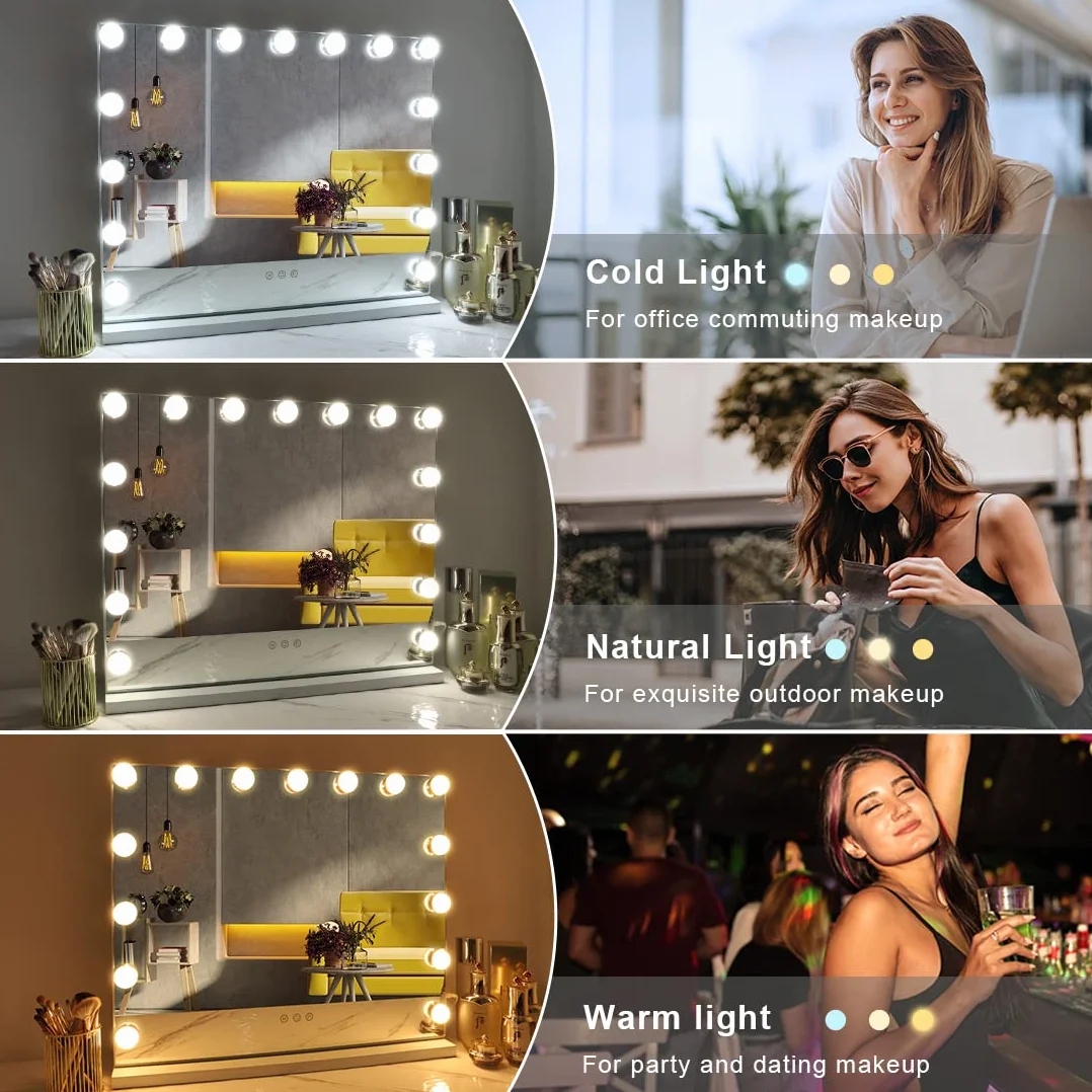 FENCHILIN Vanity Hollywood lusterko do makijażu z oświetleniem LED typu C i portem ładowania USB, 15 ściemniaczy, 3 tryby świecenia, lusterka do makijażu, montowane na ścianie, białe, 58 x 48 cm