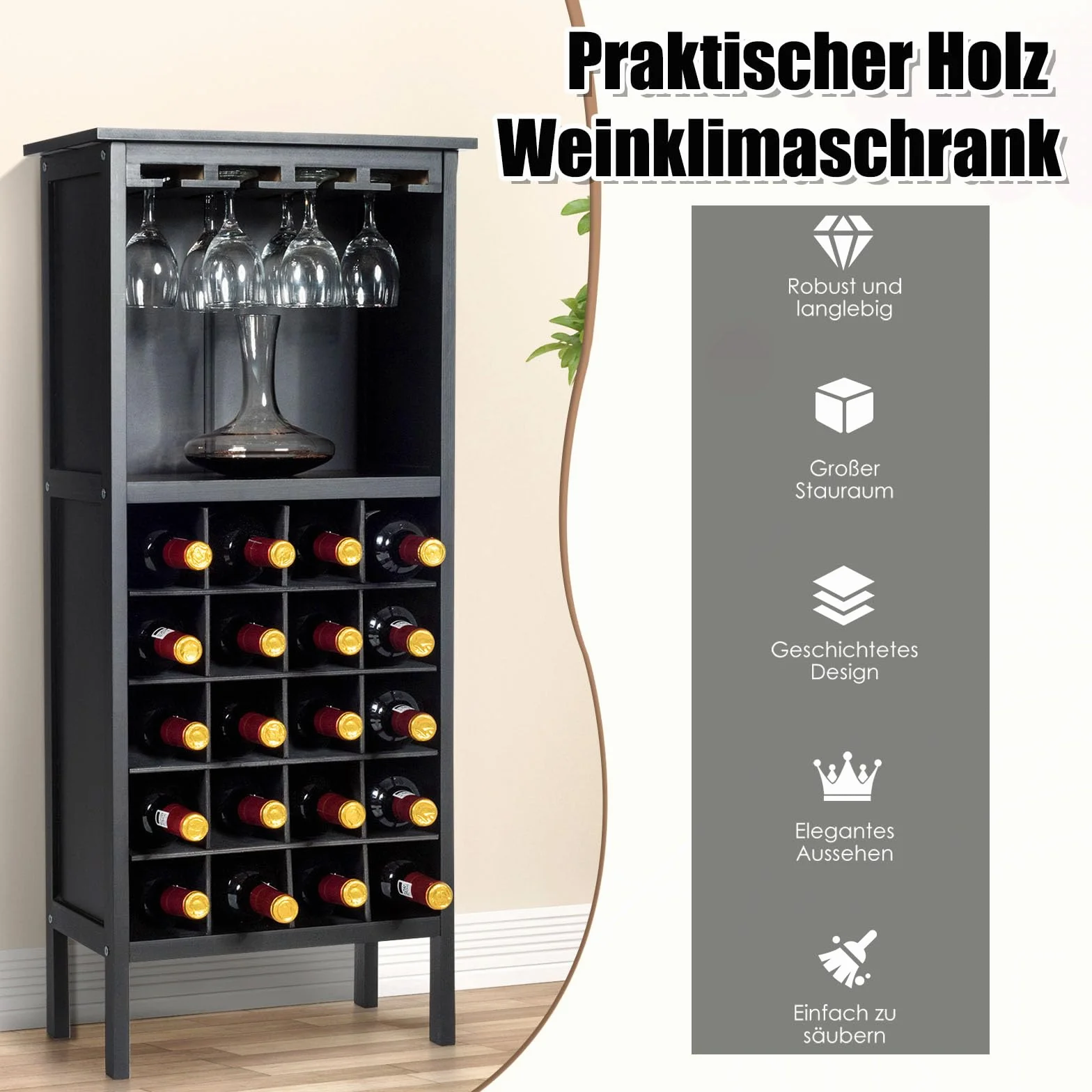 KOMFOTTEU Stojak na Wino z 20 Butelkami i 4 Rzędami Uchwytów na Kieliszki, Drewniany Regał 42 x 25 x 96 cm do Kuchni, Jadalni, Baru (Czarny)