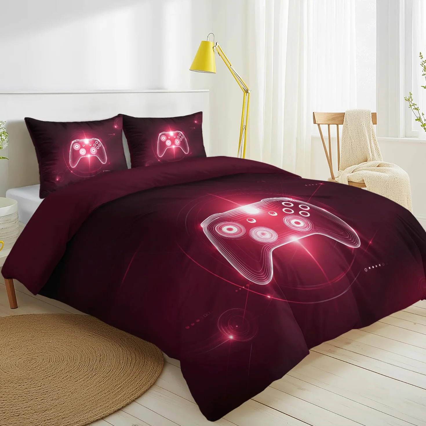 Super King Premium zestaw poszewek na kołdrę 260 x 220 cm, czerwone wino, hipoalergiczne, dwustronne, 3 szt., do gier, futurystyczny, science fiction, neonowy kontroler, e-sport, poszewka na kołdrę na