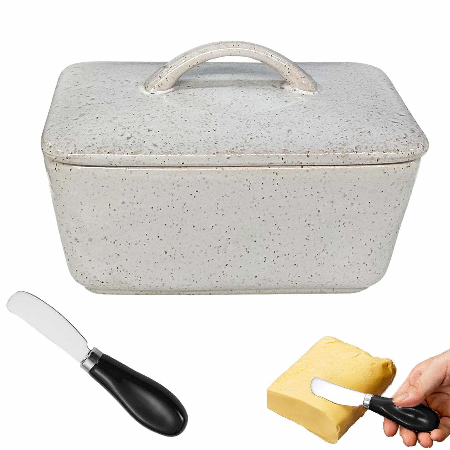 Maselniczka ceramiczna, 14,5 x 10 x 9,5 cm, porcelanowa maselniczka ze skrobakiem do masła, przechowywanie słodyczy z pokrywką, do przechowywania w restauracji, szara