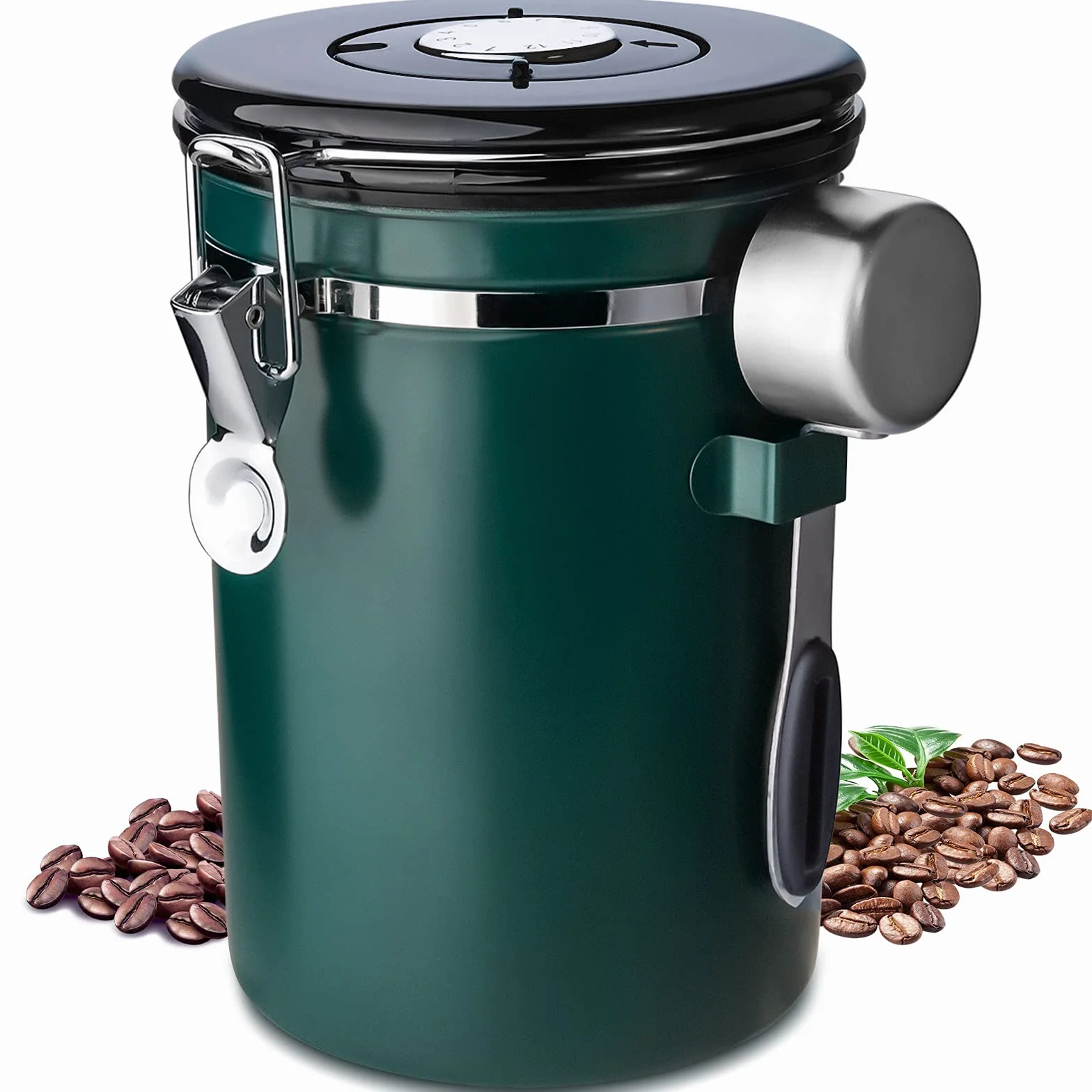 Frasheng Pojemnik do kawy 1,8 l, hermetyczny słoik, pojemnik ze stali nierdzewnej, pojemnik do przechowywania żywności, z zaworem CO2 i łyżką, do kawy ziarna lub mielonej, zielony