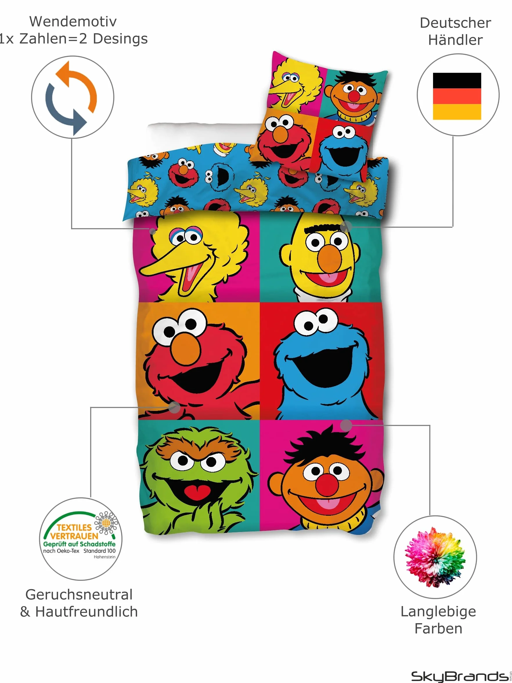 Ernie und Bert Pościel Ulica Sezamkowa 135 x 200 80 x 80 [z workiem] Komplet pościeli dziecięcej Bawełna 2-częściowy 1 x poszewka na kołdrę 1 x poszewka na poduszkę
