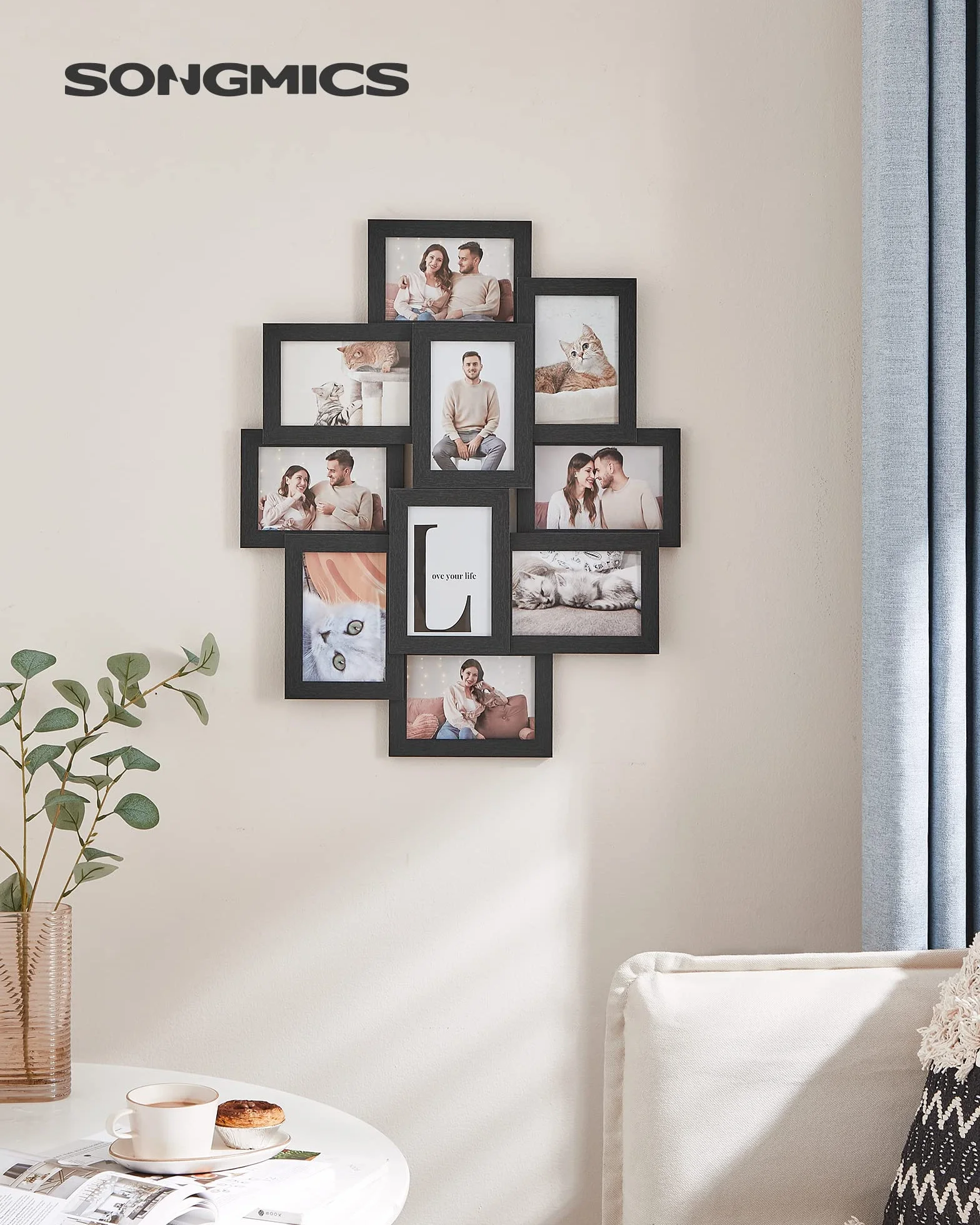 SONGMICS Kolaż ramek na zdjęcia, rodzinna ramka na zdjęcia, na 10 zdjęć po 10 x 15 cm (4x6”), z płyty MDF, wymagany montaż, czarny RPF20BK