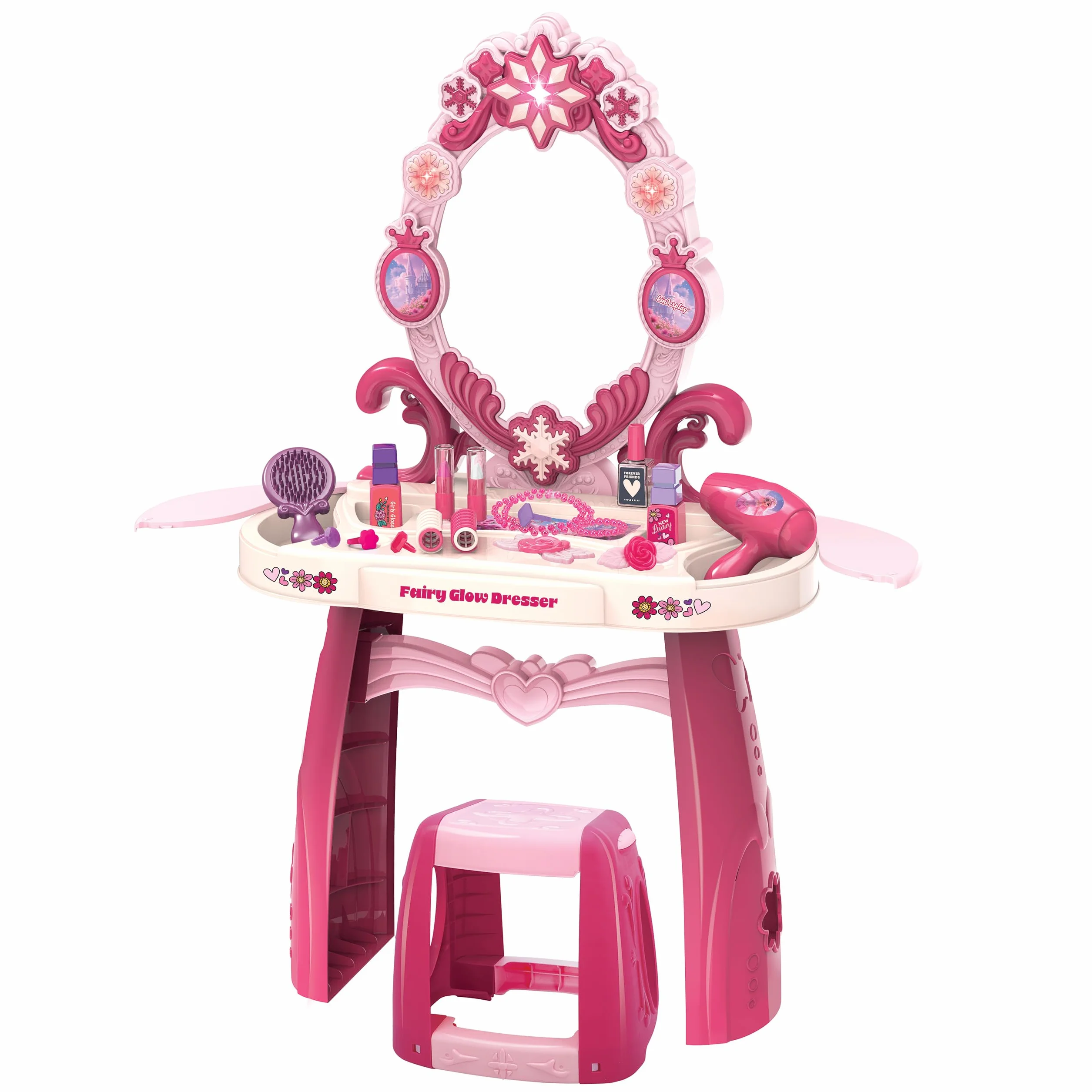 Kinderplay Fairy Glow Dresser toaletka dla dzieci z oświetleniem i dźwiękiem – zabawka dla dziewczynek od 3 lat – zestaw do makijażu dla dzieci z lustrem i 32 akcesoriami