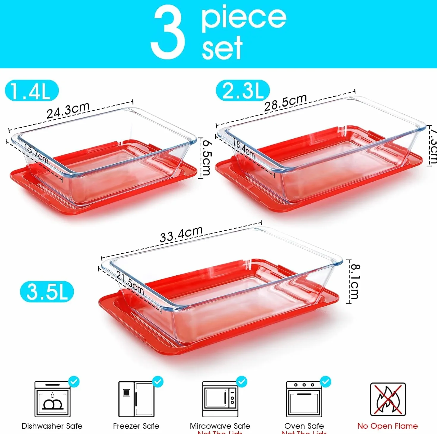 NUTRIUPS Zestaw 3 głębokich szklanych naczyń do pieczenia z plastikowymi pokrywkami, głęboka lasagne, do piekarnika, prostokątne szklane naczynia do pieczenia 1,4 + 2,3 + 3,5 l