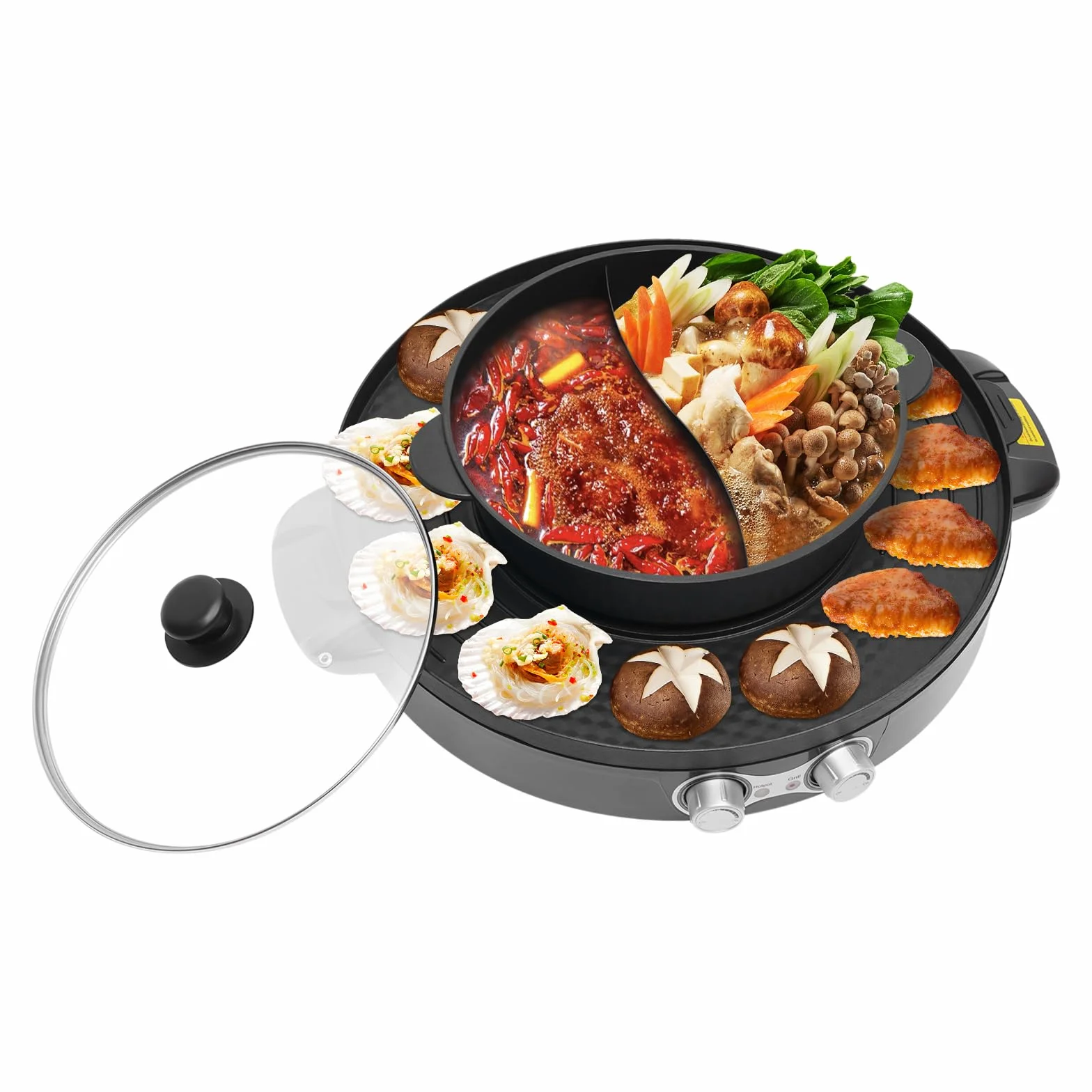 Hot Pot elektryczny garnek do grillowania 2 w 1 Shabu Shabu i koreańskim BBQ, 2200 W hotpot z grillem, elektryczny kociołek na imprezę, dla rodziny i spotkań towarzyskich