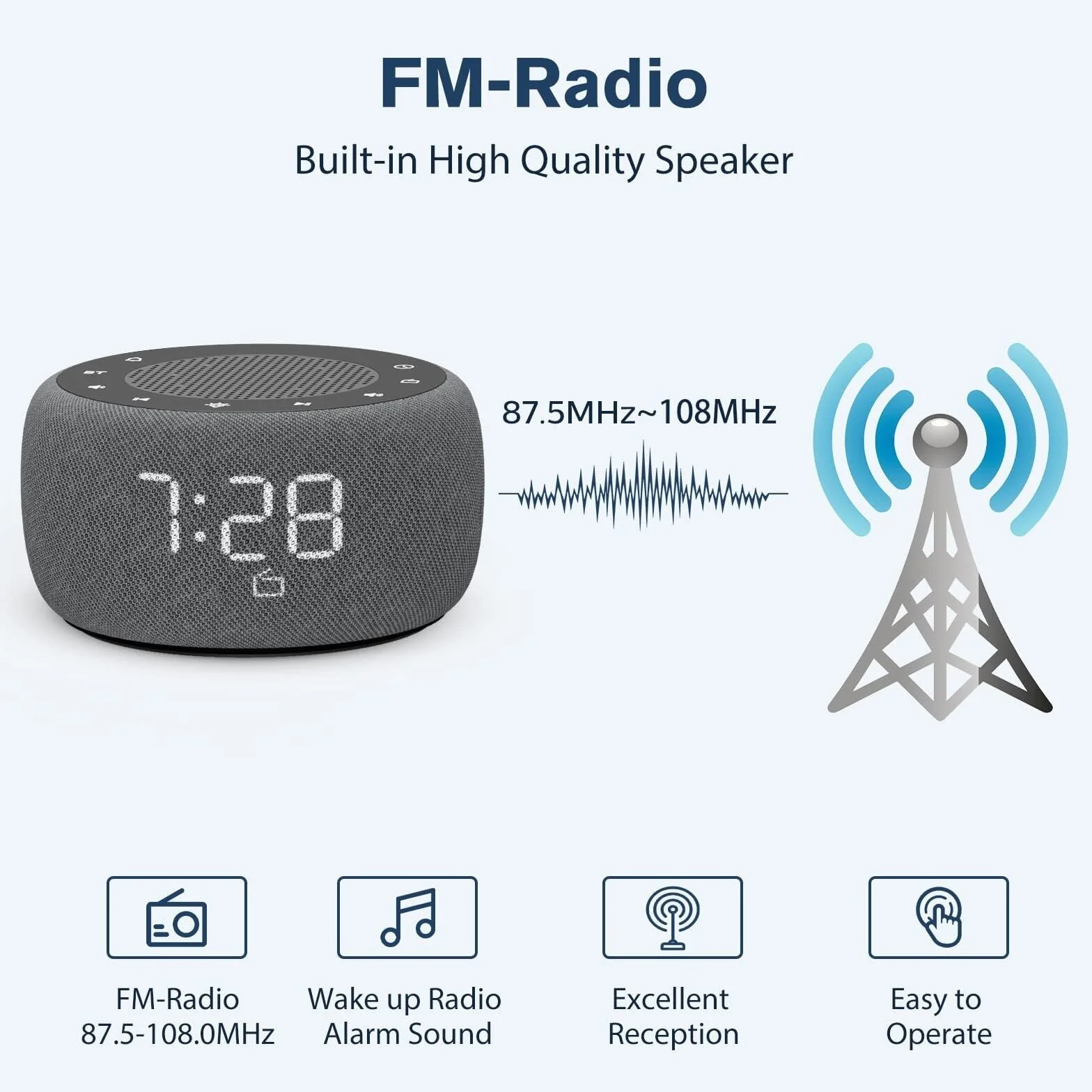 XJBTBA Bluetooth Gload Alarm z radiem, przezroczystą jakość dźwięku, przyciemnione wyświetlacz, odpowiedni sypialni budziki odpowiednie do kuchni, salonu lub biura (biały)