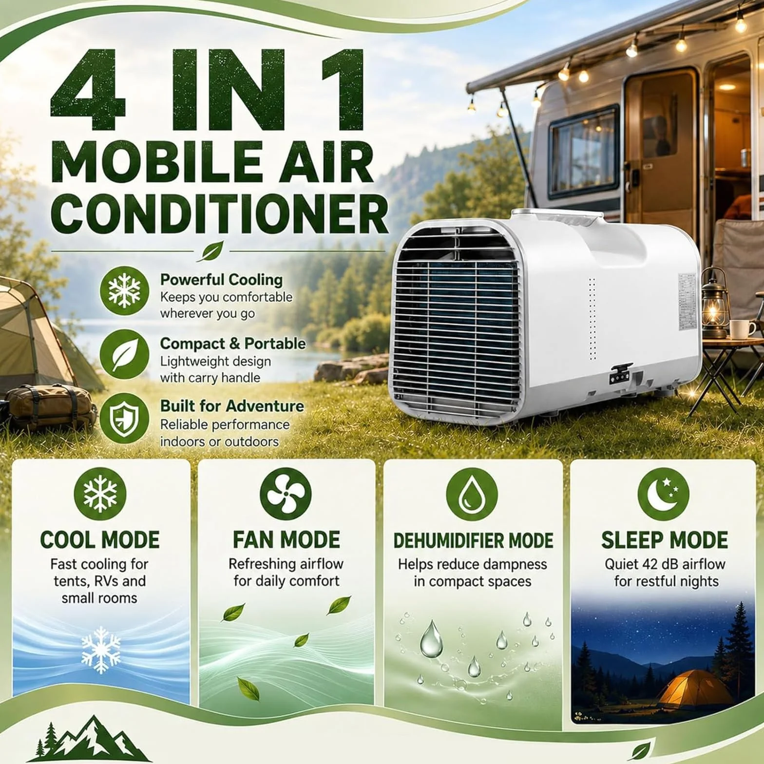 Klimatyzator – Kompaktowy przenośny klimatyzator do małych przestrzeni 1500W | 330W/400W, chłodzi 1–8m² lub 8–15m², 42dB cichy tryb wentylatora, automatyczne odparowanie, regulacja 61–90°F, do vanów